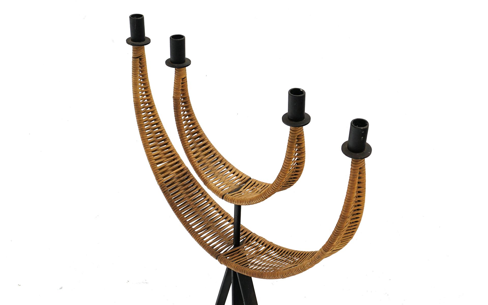 Mid-Century Modern Four Candle Candelabra in Wrought Iron and Cane by Arthur Umanoff, 1950s For Sale