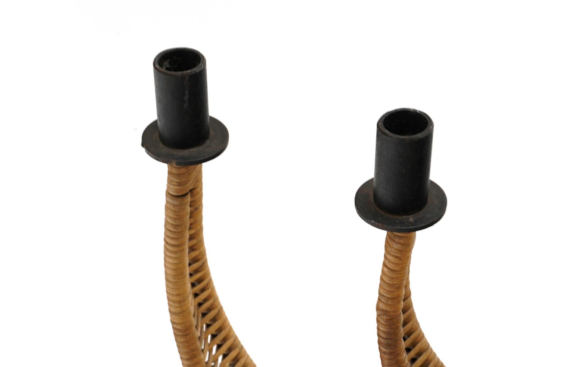 American Four Candle Candelabra in Wrought Iron and Cane by Arthur Umanoff, 1950s For Sale