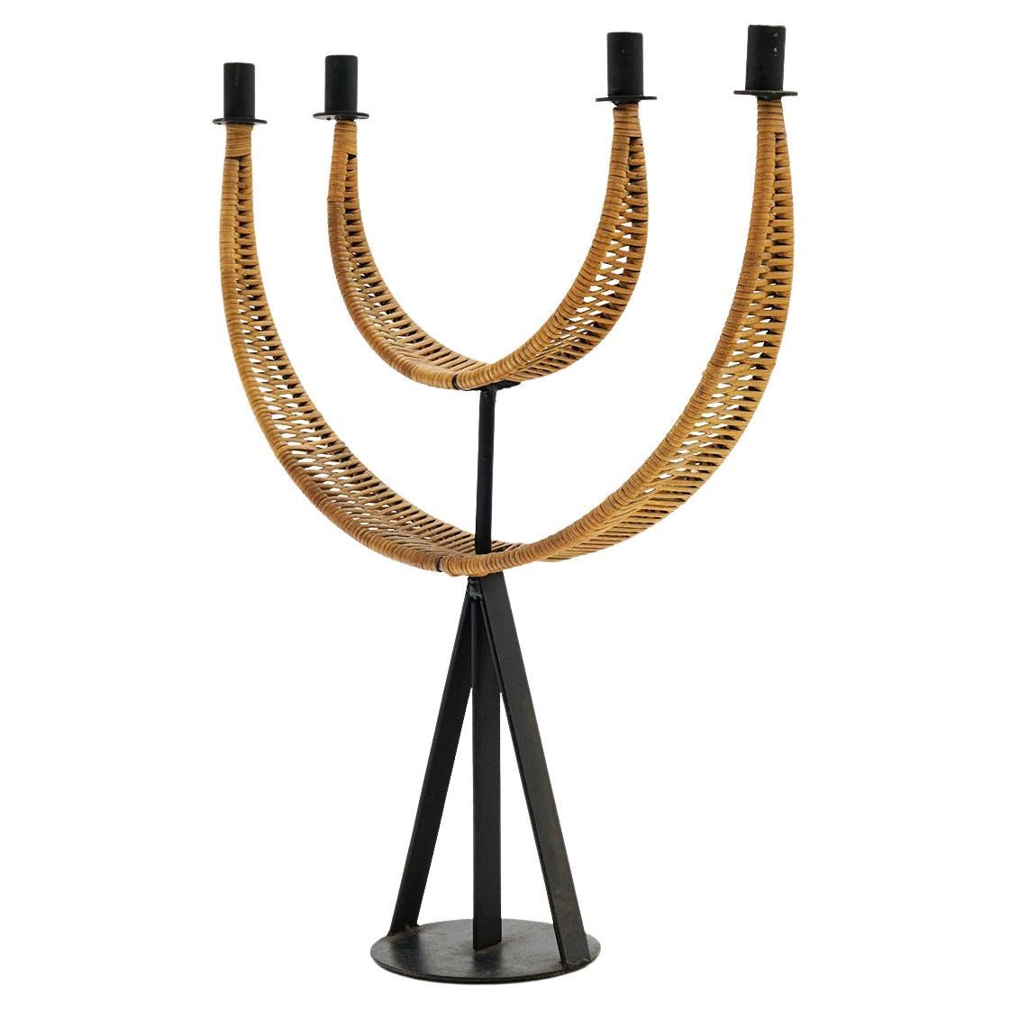 Four Candle Candelabra in Wrought Iron and Cane by Arthur Umanoff, 1950s For Sale