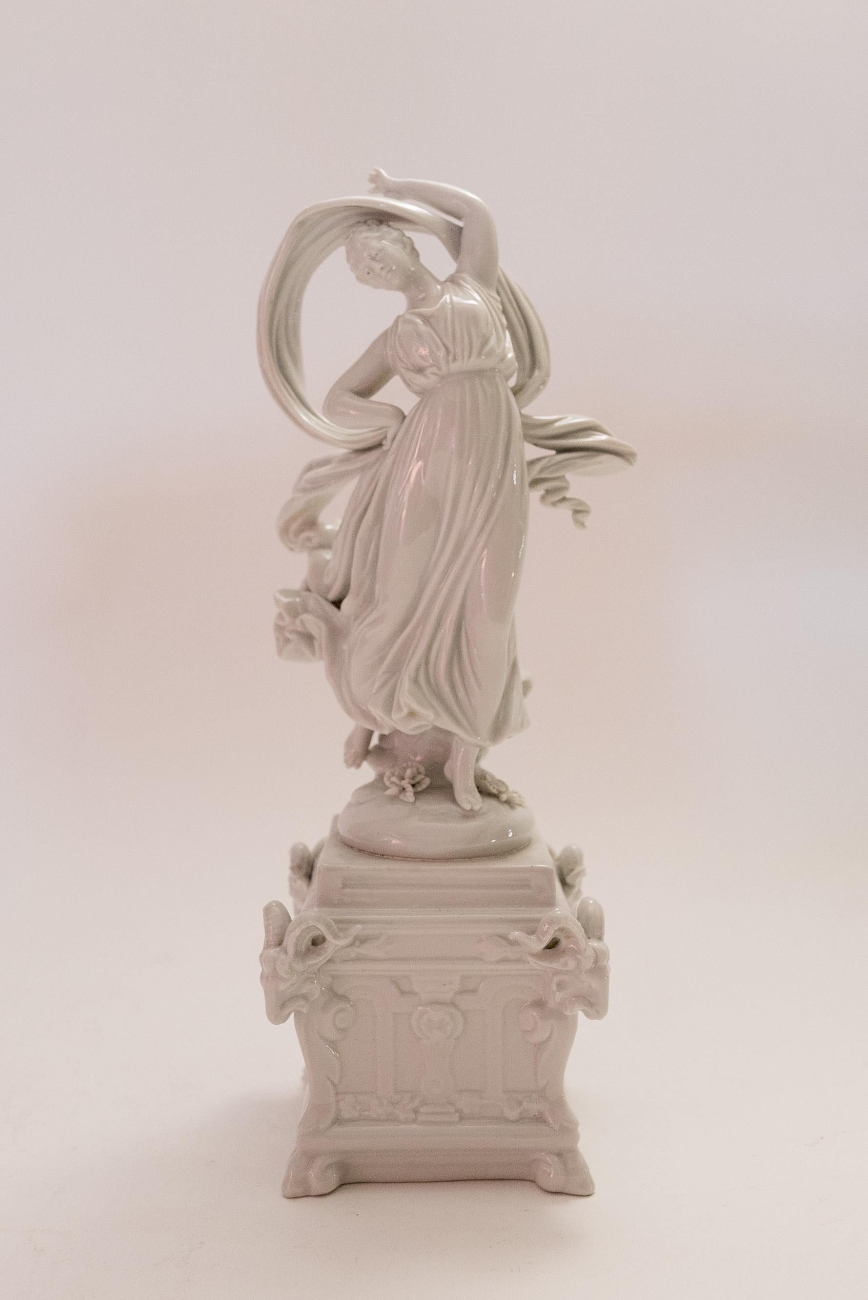 From the storied Italian Porcelain firm of Capo Di Monte, these all white finely sculpted pieces show 4 muses celebrating their joy. They have beautiful proportions and detailed realistic features. In very nice antique condition.