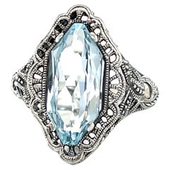 Four Carat Sky Blue Topaz Sterling Silver Filigree Art Deco Style Ring