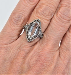 Four Carat White Topaz Art Deco Style Sterling Silver Filigree Ring w box