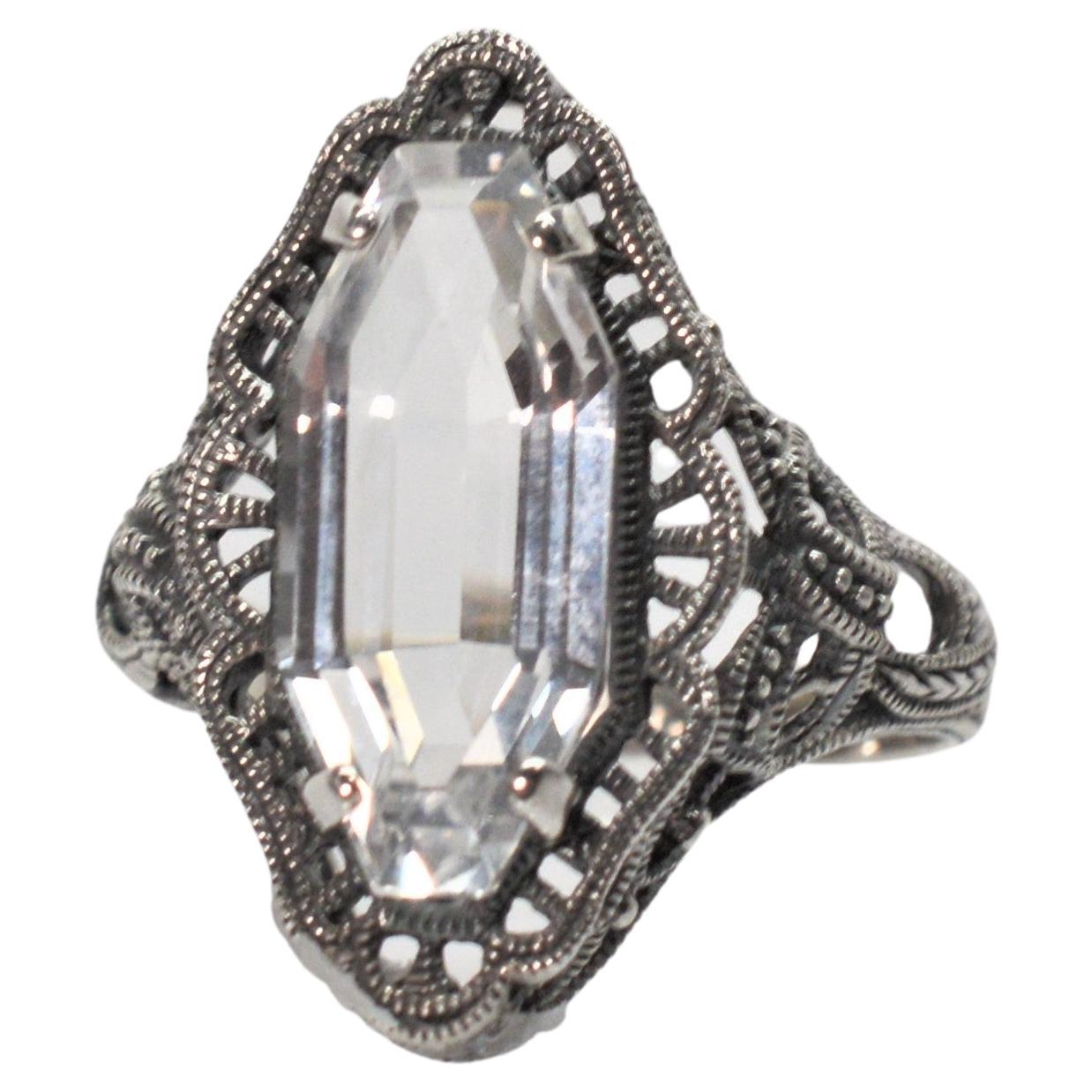 Antique Style London Blue Topaz Sterling Silver Filigree Ring w Diamond