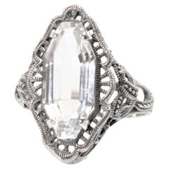Four Carat White Topaz Art Deco Style Sterling Silver Filigree Ring w box