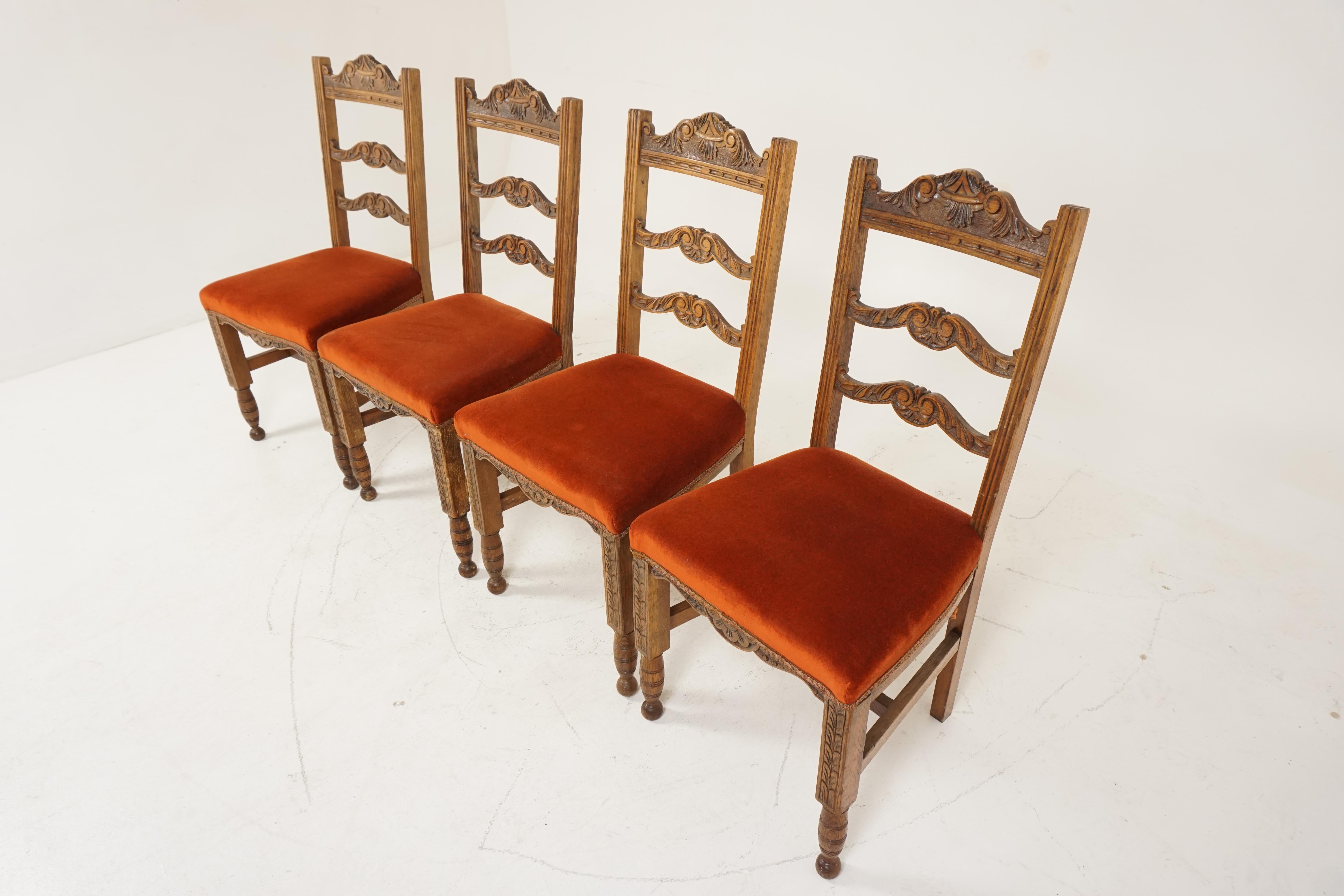 Four carved oak dining chairs, upholstered seats, Scotland 1920, B2754

Scotland 1920
Solid oak
Original finish
Three carved rails to the back
Upholstered seat below
Carved skirt to the front
All standing on carved turned legs
Connected by
