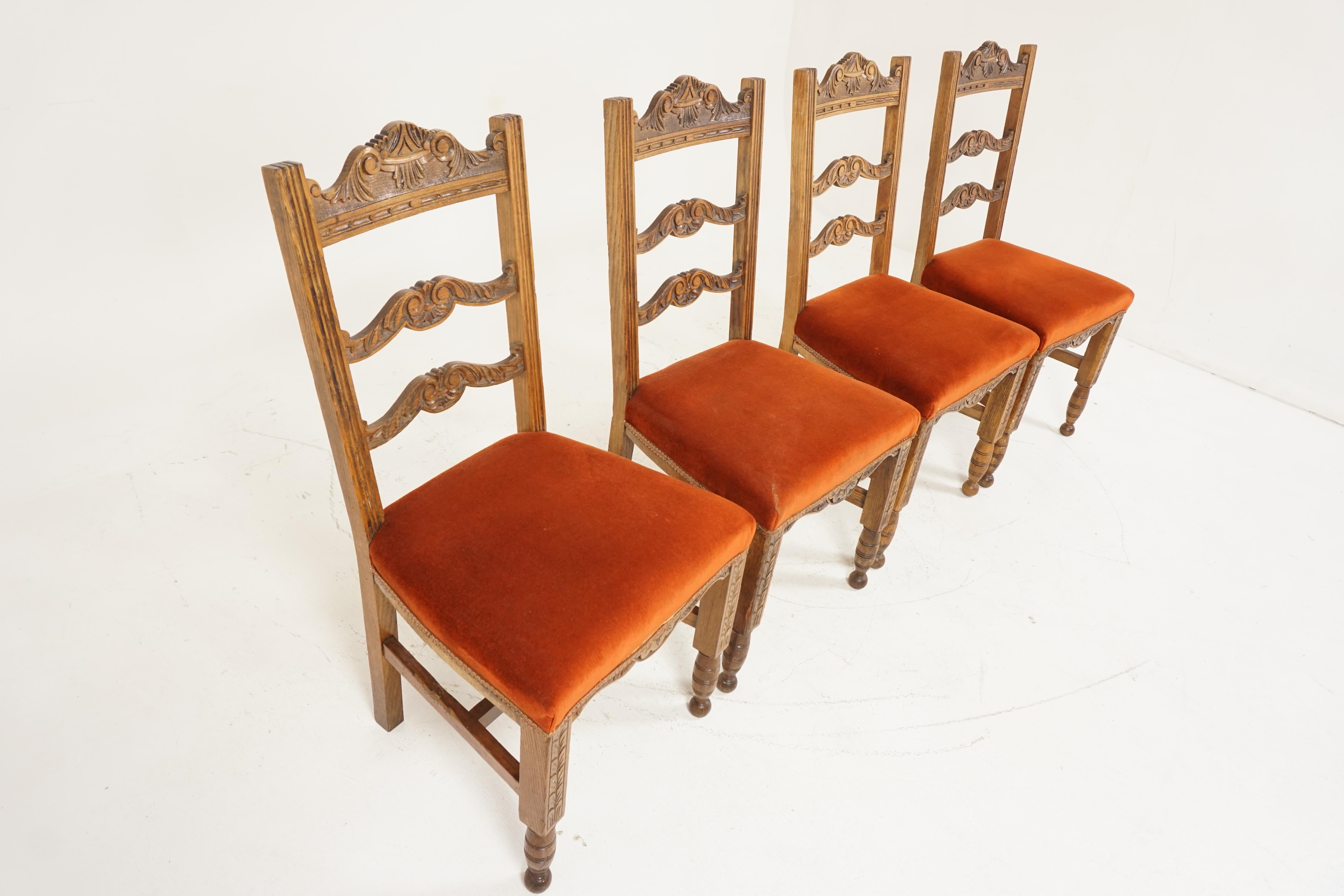 Scottish Four Carved Oak Dining Chairs, Upholstered Seats, Scotland, 1920