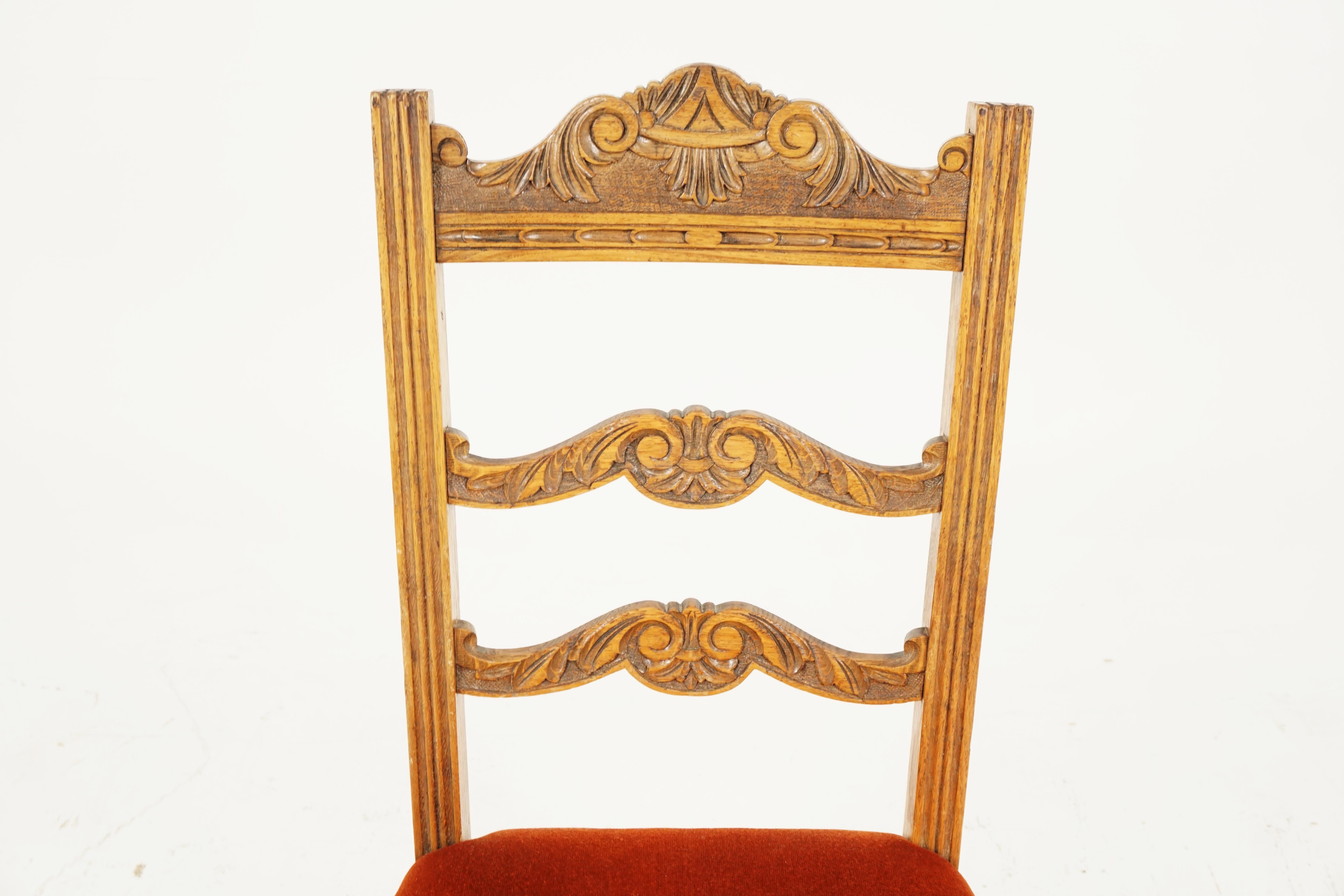 Hand-Crafted Four Carved Oak Dining Chairs, Upholstered Seats, Scotland, 1920