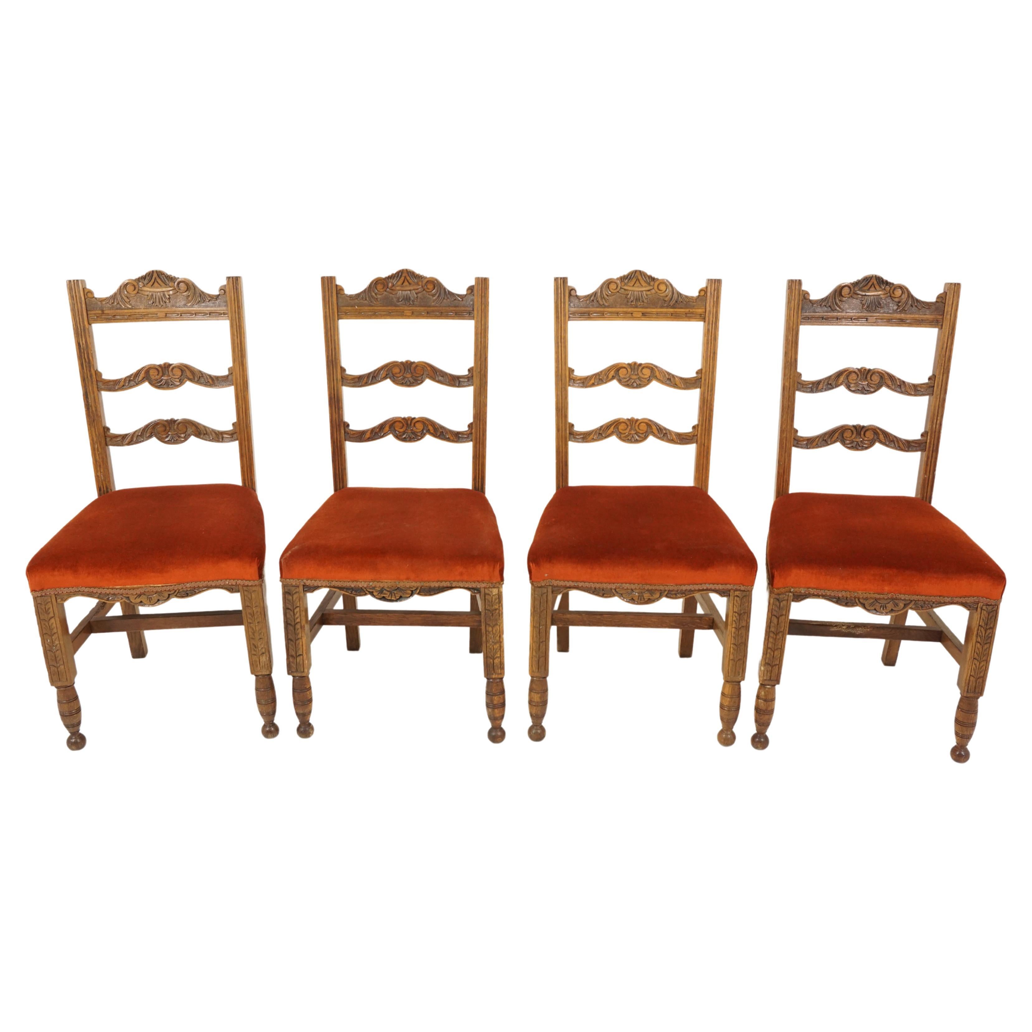 Four Carved Oak Dining Chairs, Upholstered Seats, Scotland, 1920