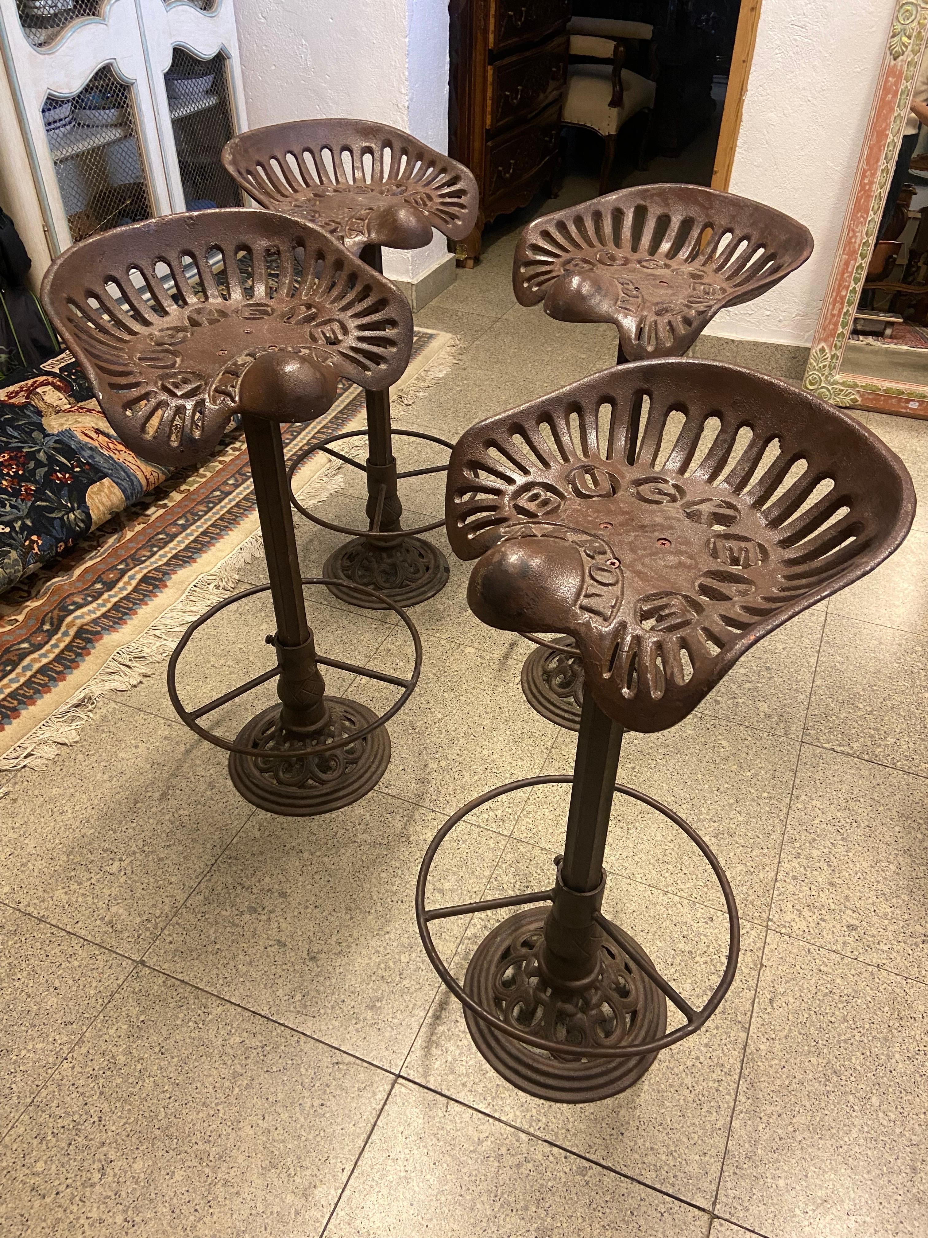 Four Cast Iron Bar Stools Made of 19th Century Buckeye Akron Tractor Seats In Good Condition In Sofia, BG