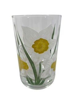 Four Cera Glass Vintage Rocks Glasses with Large Daffodils in Colored Enamels