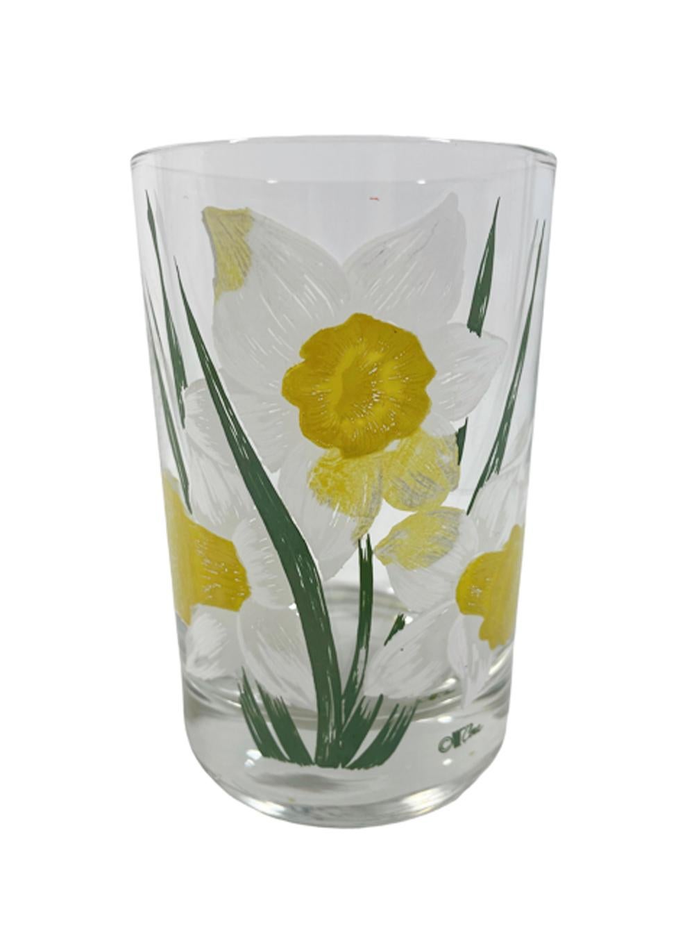 Mid-Century Modern Four Cera Glass Vintage Rocks Glasses with Large Daffodils in Colored Enamels For Sale