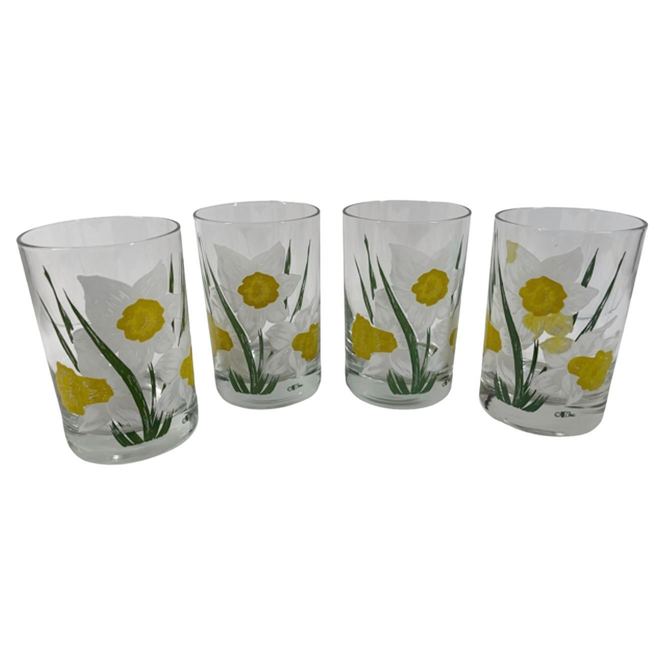 Four Cera Glass Vintage Rocks Glasses with Large Daffodils in Colored Enamels