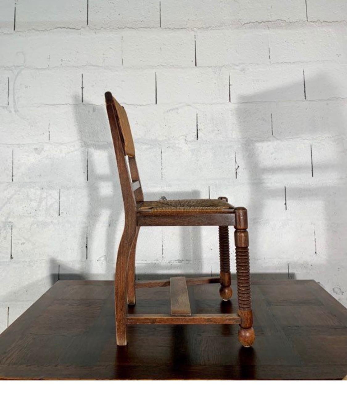 Mid-Century Modern Four Chairs Oak and Straw by Charles Dudouyt