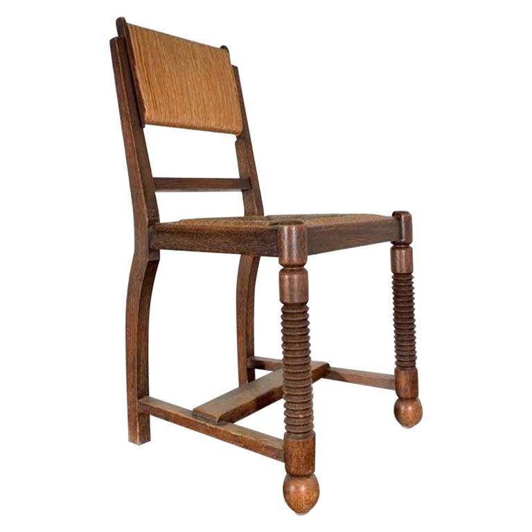 Mid-Century Modern Four Chairs Oak and Straw by Charles Dudouyt