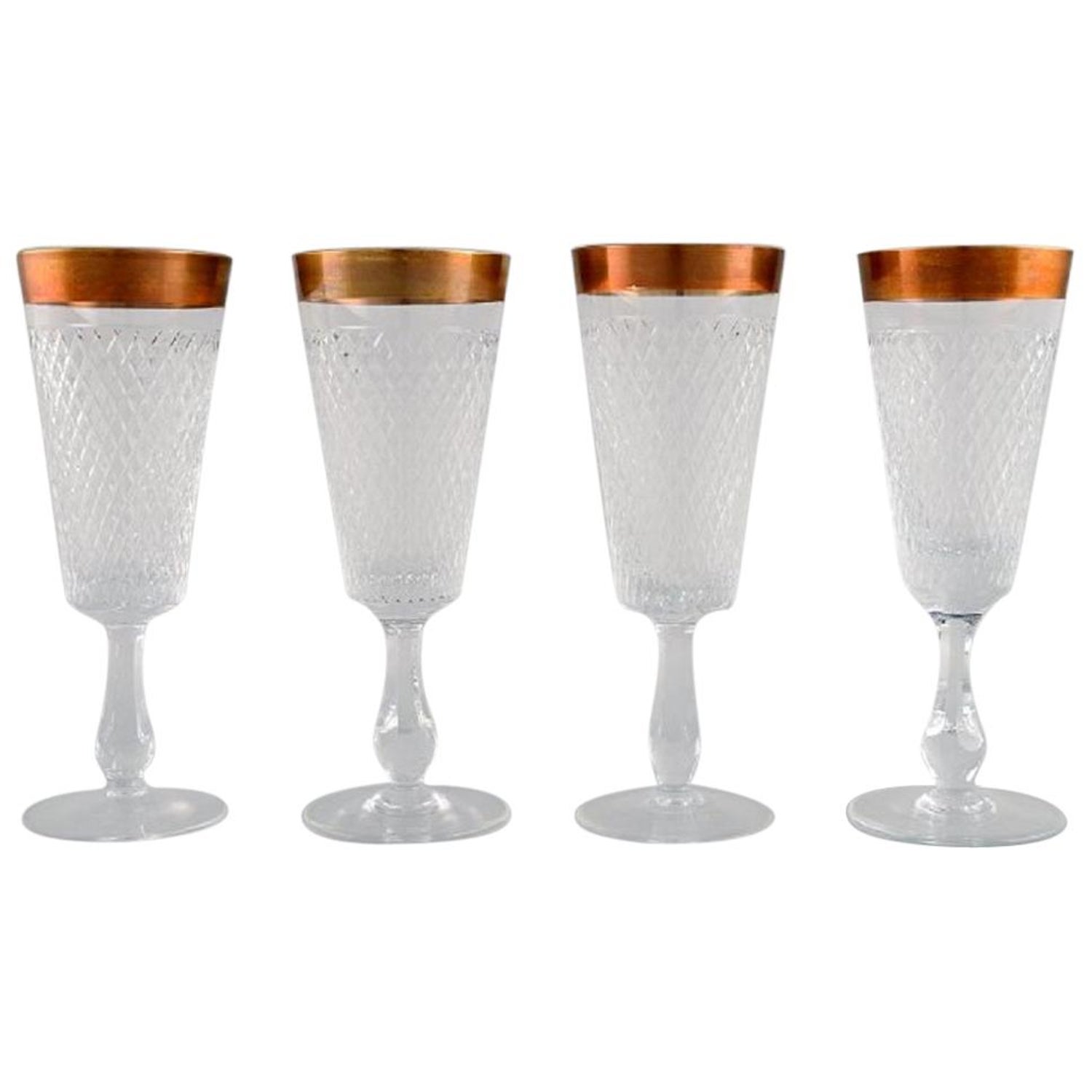 Four Champagne Glasses in Mouth-Blown Crystal Glass with Gold Edge, France  1930s For Sale at 1stDibs
