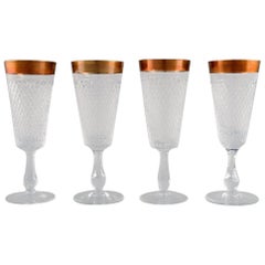 Vintage Four Champagne Glasses in Mouth-Blown Crystal Glass with Gold Edge, France 1930s