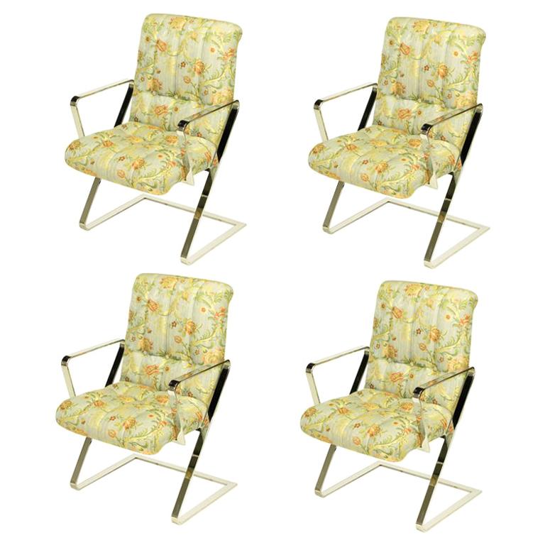 Four Channeled & Button Tufted Chrome Z-Frame Dining Chairs For Sale