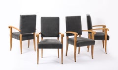 Four Charcoal Mohair Upholstered Oak Jansen Chairs, France 1950's