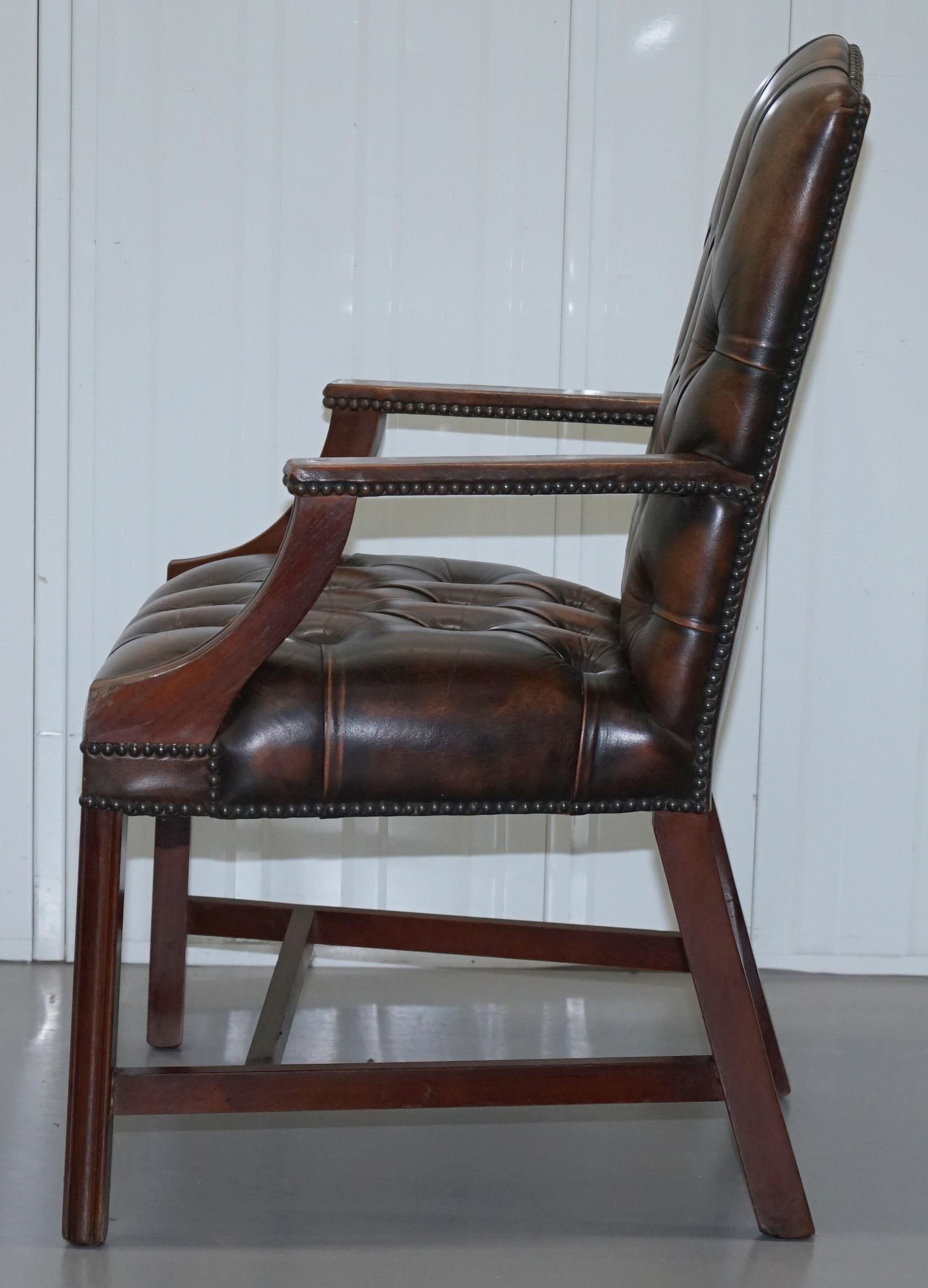 Four Chesterfield Brown Leather Gainsborough Captains Office Dining Armchairs 2