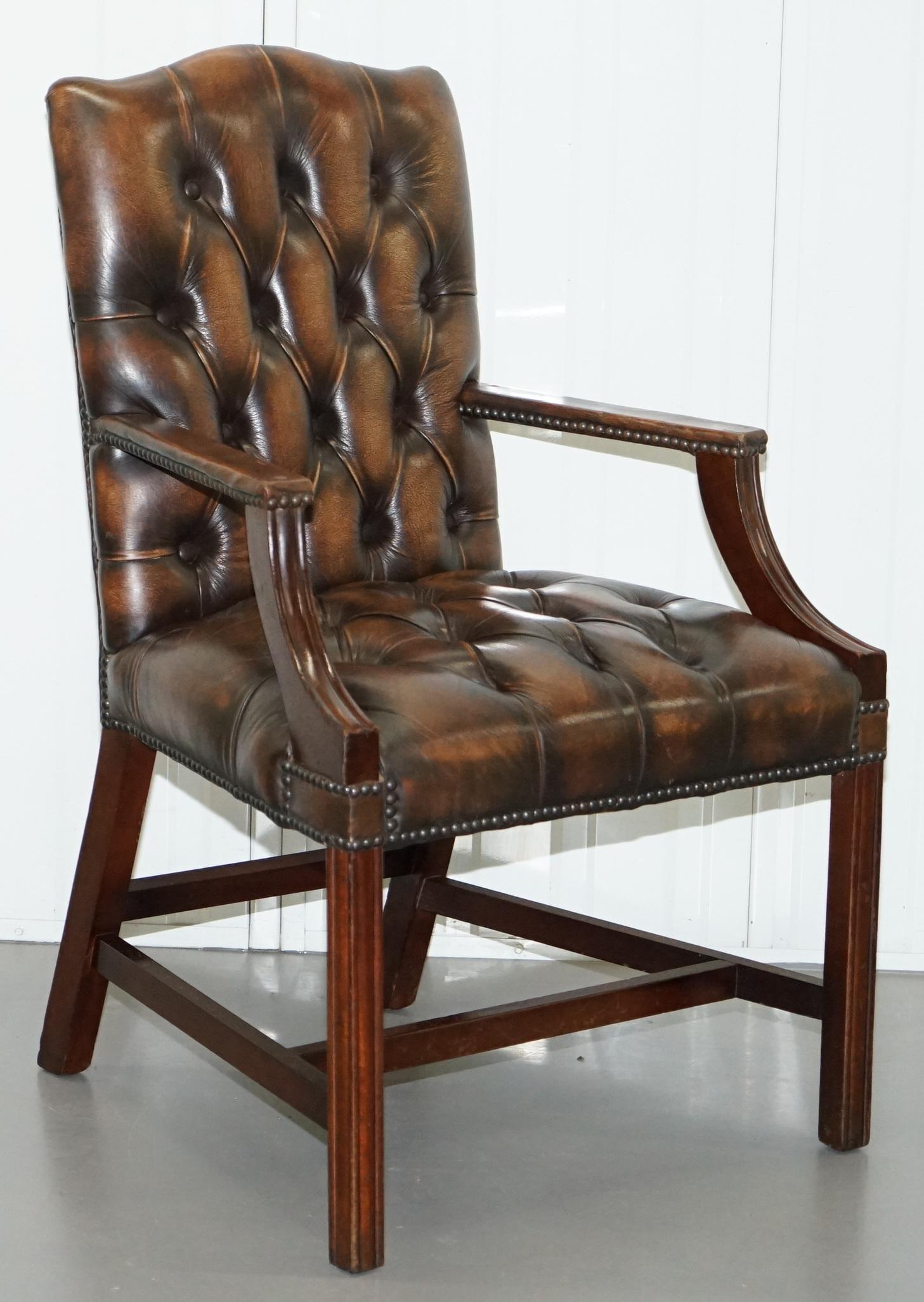 Four Chesterfield Brown Leather Gainsborough Captains Office Dining Armchairs 2