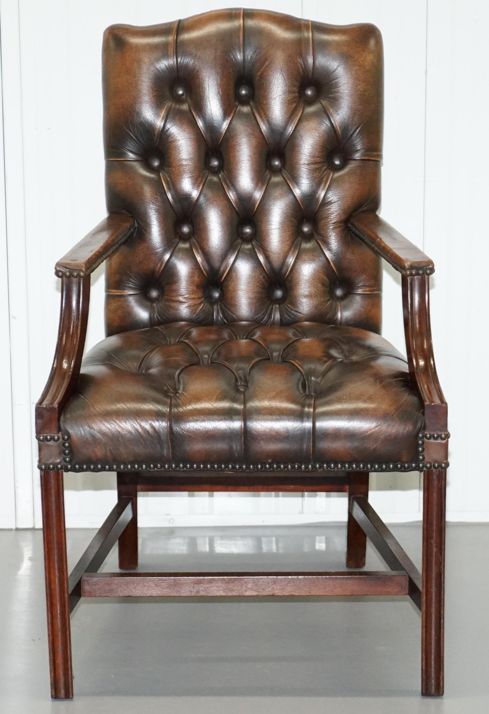 Four Chesterfield Brown Leather Gainsborough Captains Office Dining Armchairs 4