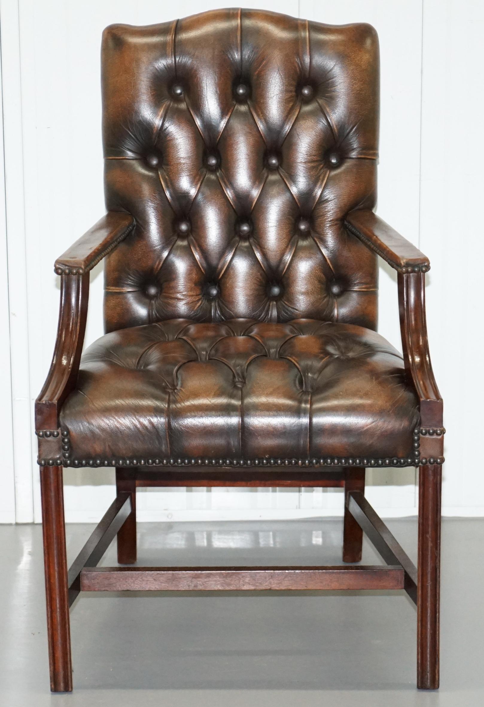 Four Chesterfield Brown Leather Gainsborough Captains Office Dining Armchairs 3