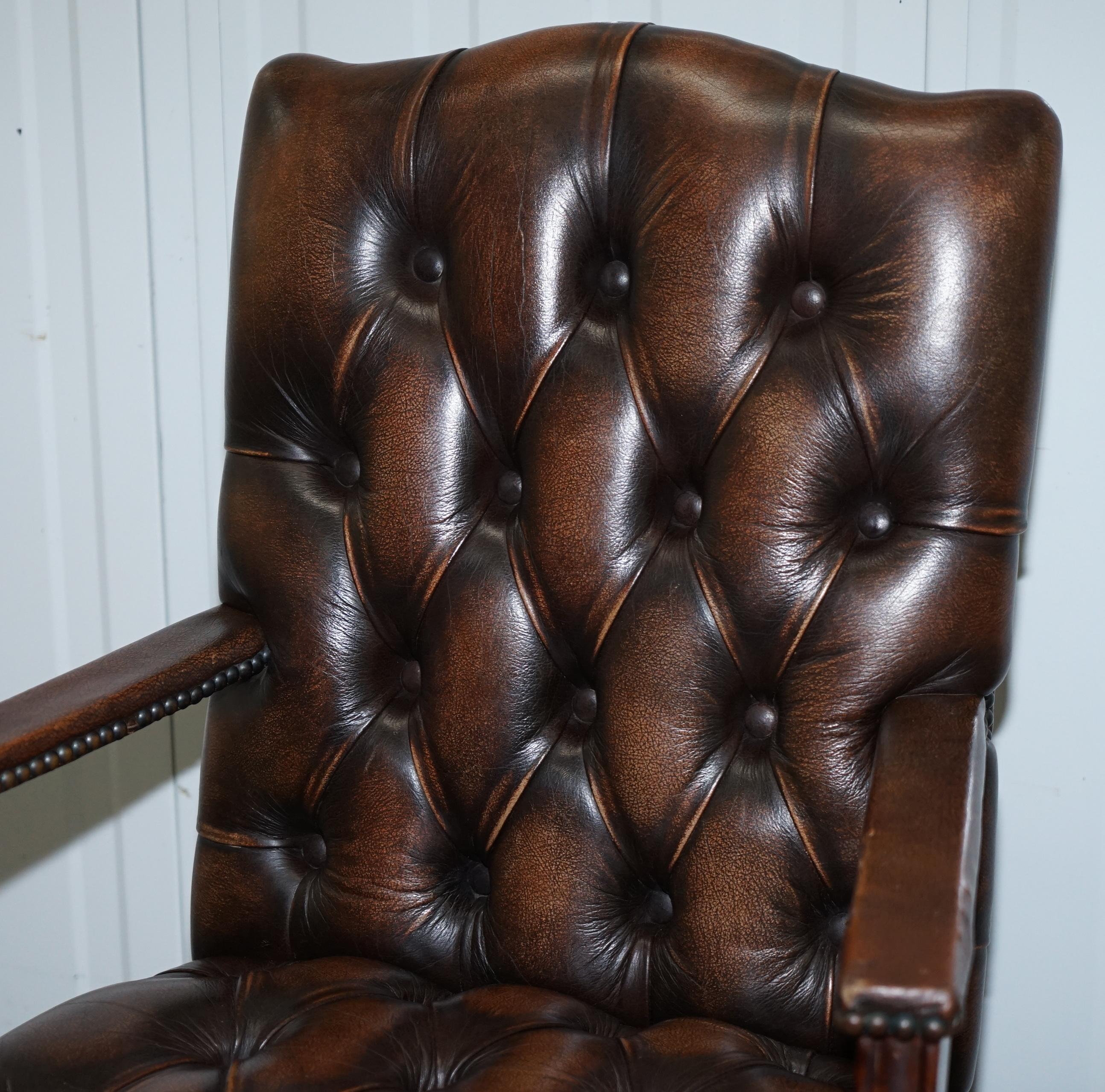 Four Chesterfield Brown Leather Gainsborough Captains Office Dining Armchairs 5