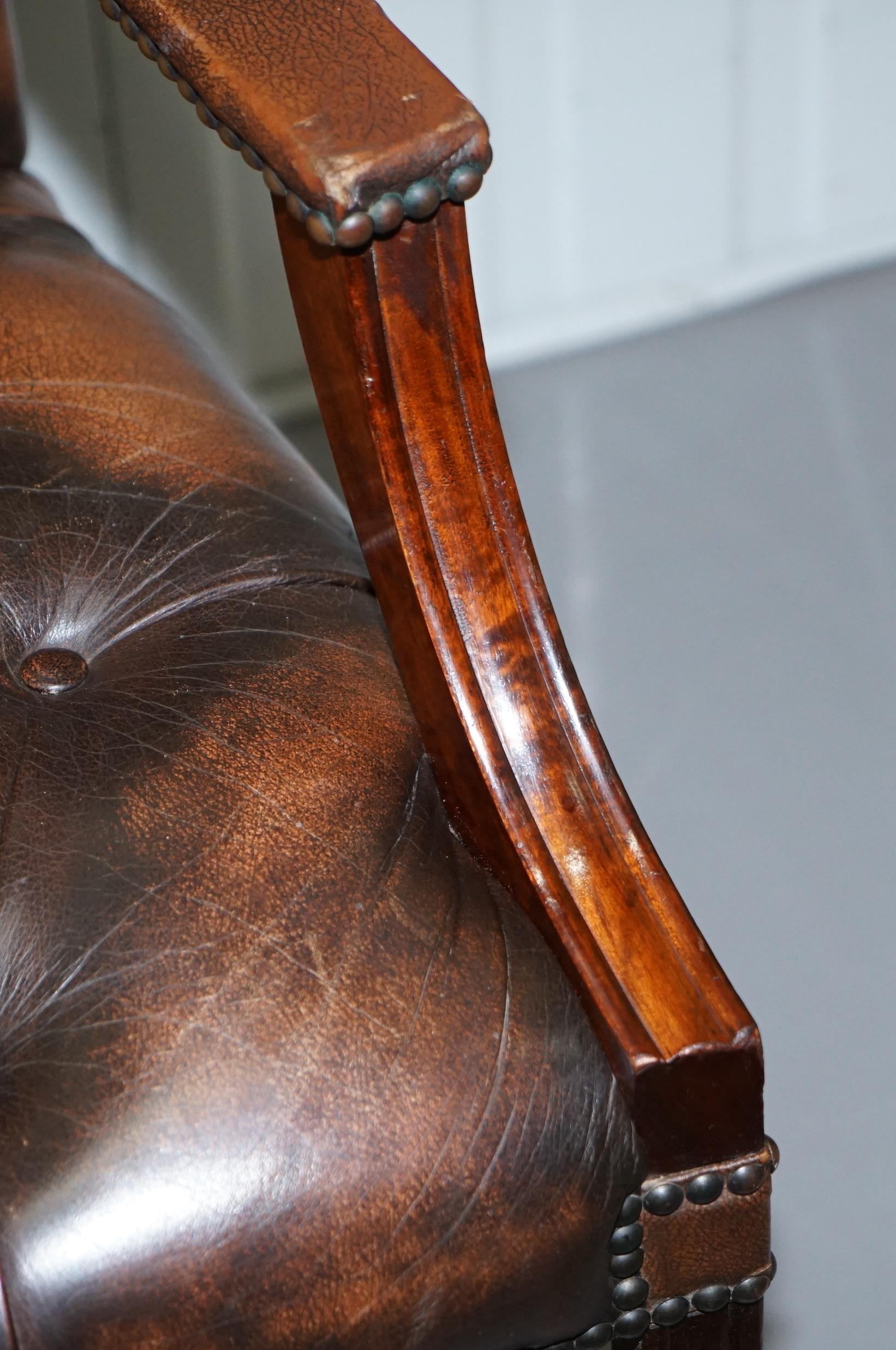 Four Chesterfield Brown Leather Gainsborough Captains Office Dining Armchairs 6