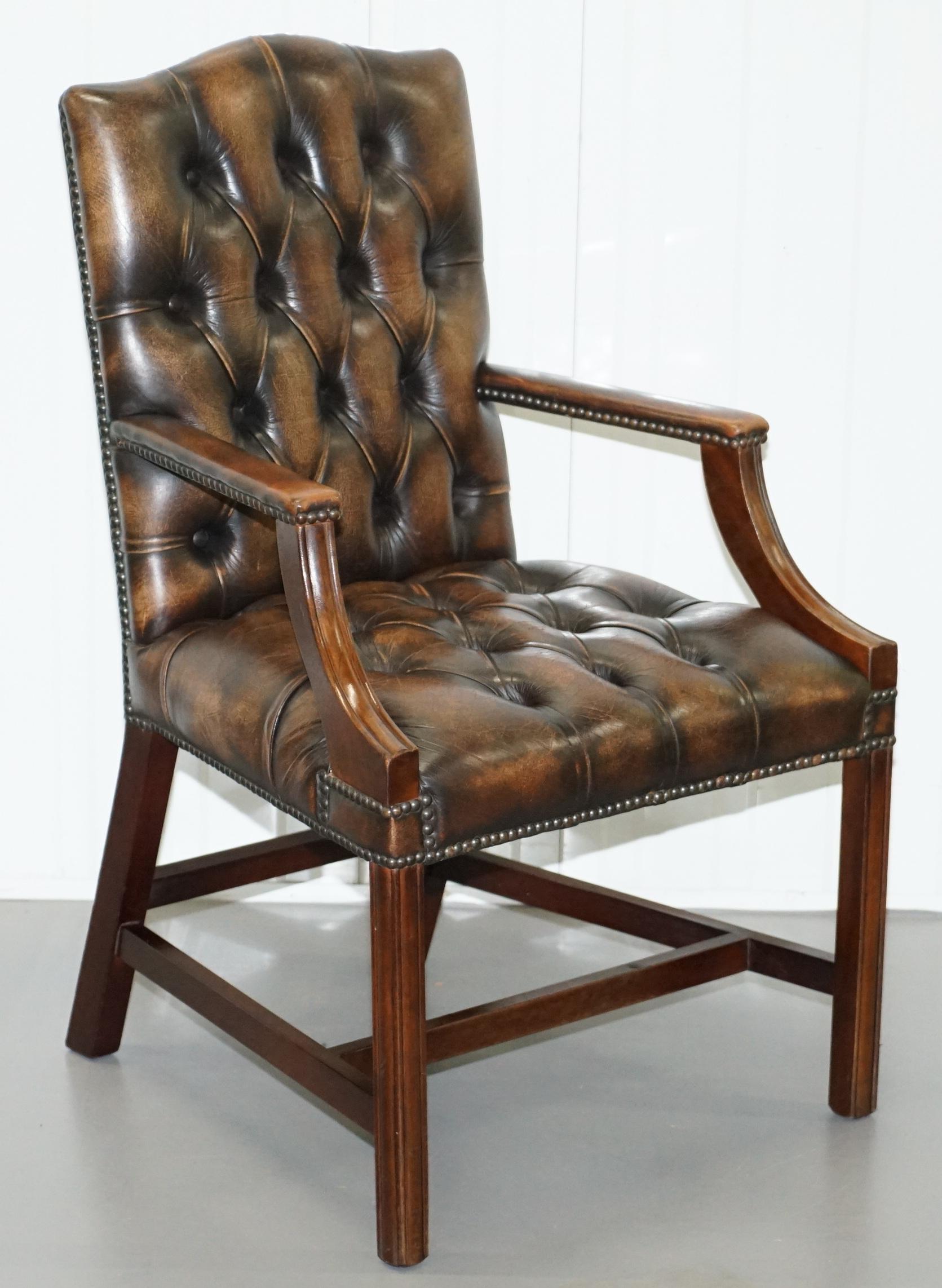 Four Chesterfield Brown Leather Gainsborough Captains Office Dining Armchairs 7