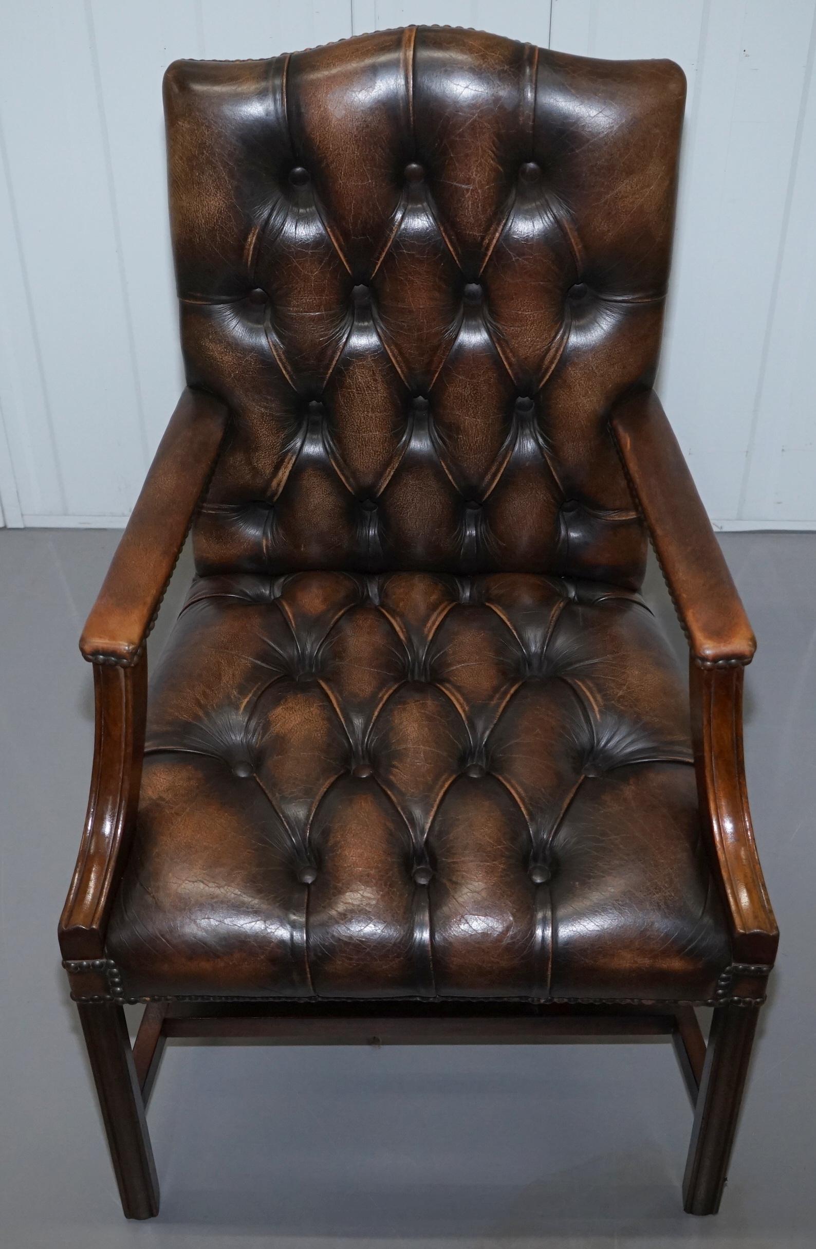Four Chesterfield Brown Leather Gainsborough Captains Office Dining Armchairs 8