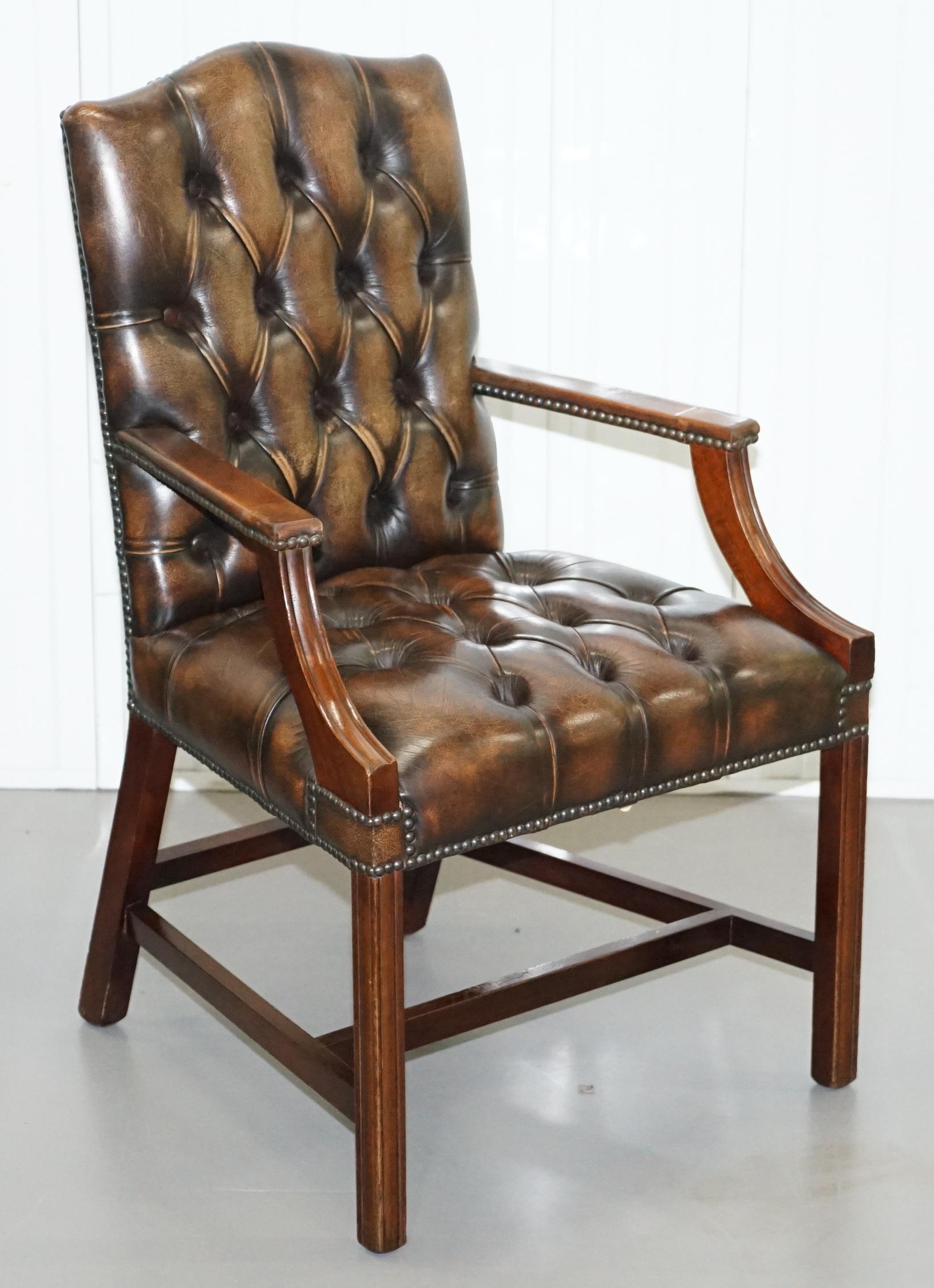 Four Chesterfield Brown Leather Gainsborough Captains Office Dining Armchairs 9