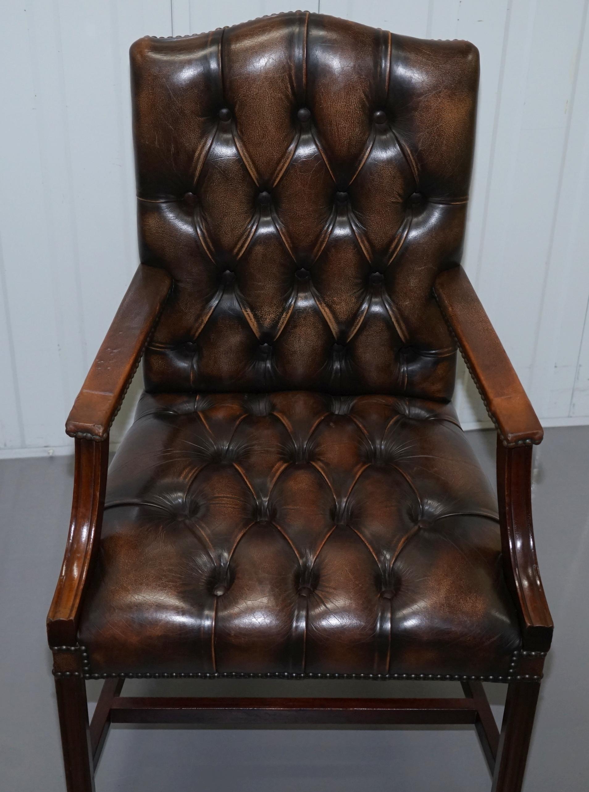 Four Chesterfield Brown Leather Gainsborough Captains Office Dining Armchairs 10