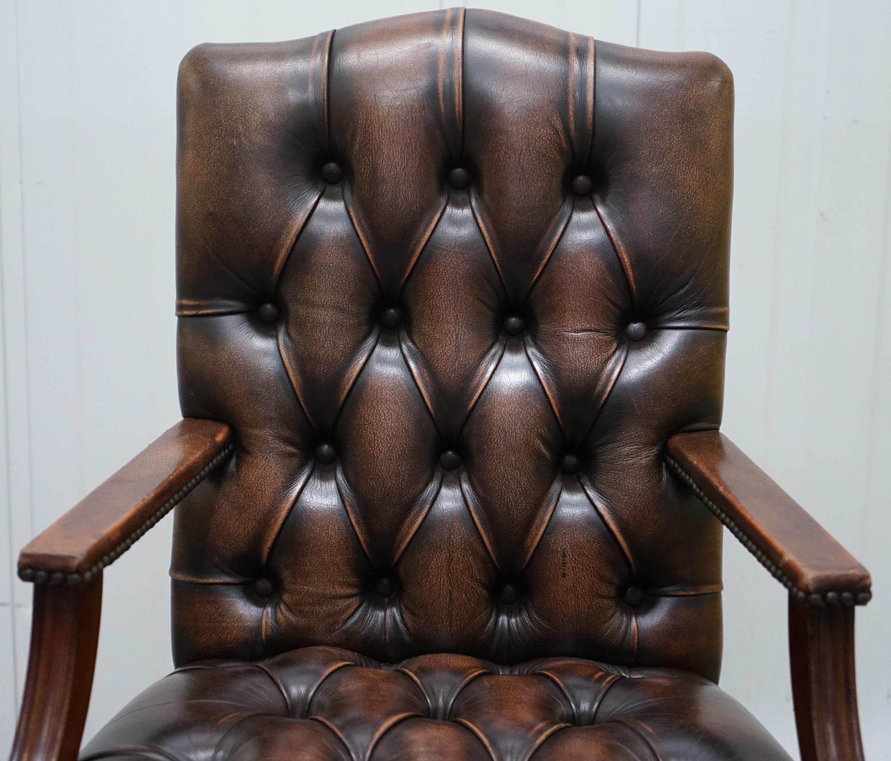 Victorian Four Chesterfield Brown Leather Gainsborough Captains Office Dining Armchairs