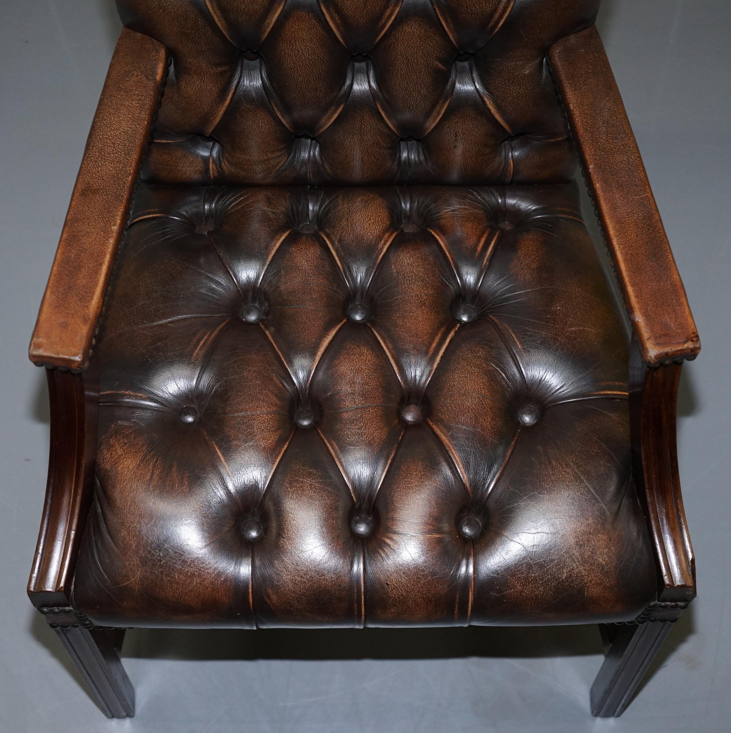 English Four Chesterfield Brown Leather Gainsborough Captains Office Dining Armchairs