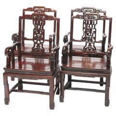 Four Chinese Chippendale Carved Hardwood Armchairs 20th C