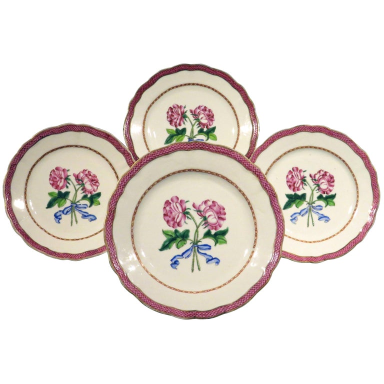 Four Chinese Export Famille Rose Botanical Plates, Qianlong Period, '1736-1795' For Sale