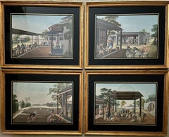 Four Chinese Export Gouache Watercolors of Various Stages of Tea Production