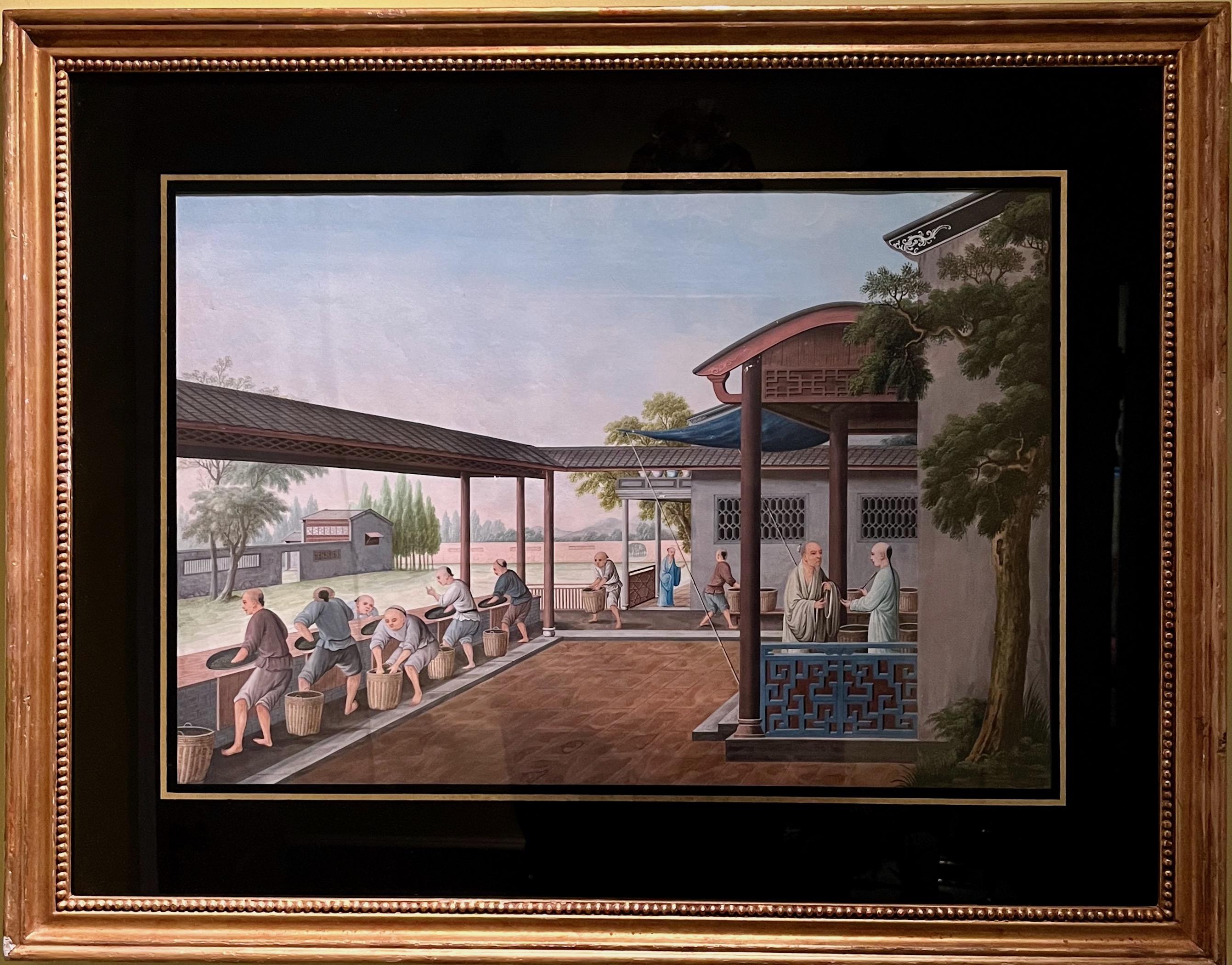 Vier chinesische Export- Gouache-Aquarelle der Teeproduktion in verschiedenen Phasen (Chinesischer Export)