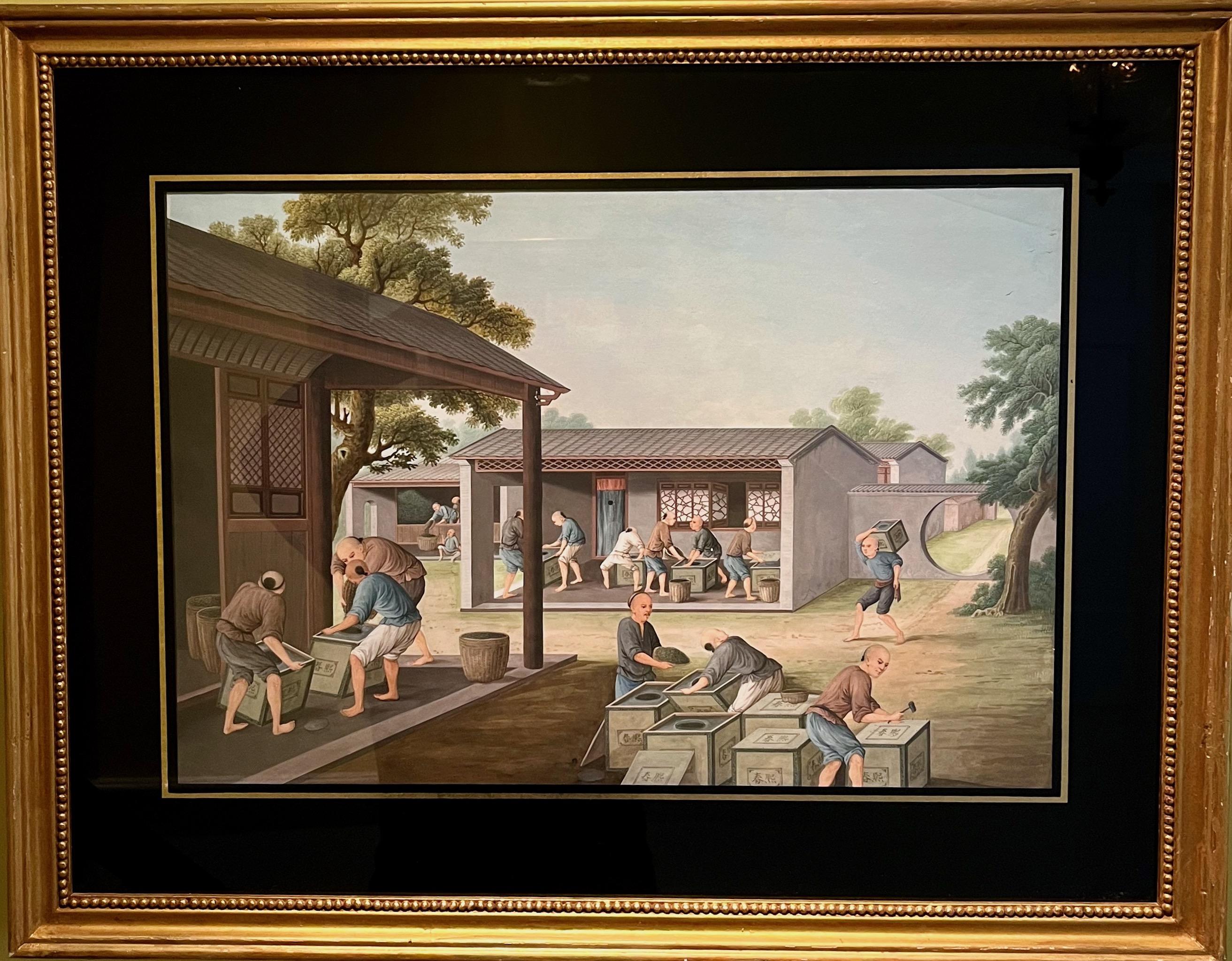 Vier chinesische Export- Gouache-Aquarelle der Teeproduktion in verschiedenen Phasen (Chinesisch)