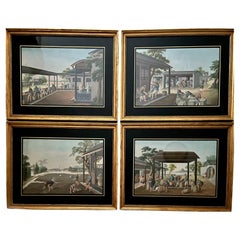 Four Chinese Export Gouache Watercolors of Various Stages of Tea Production