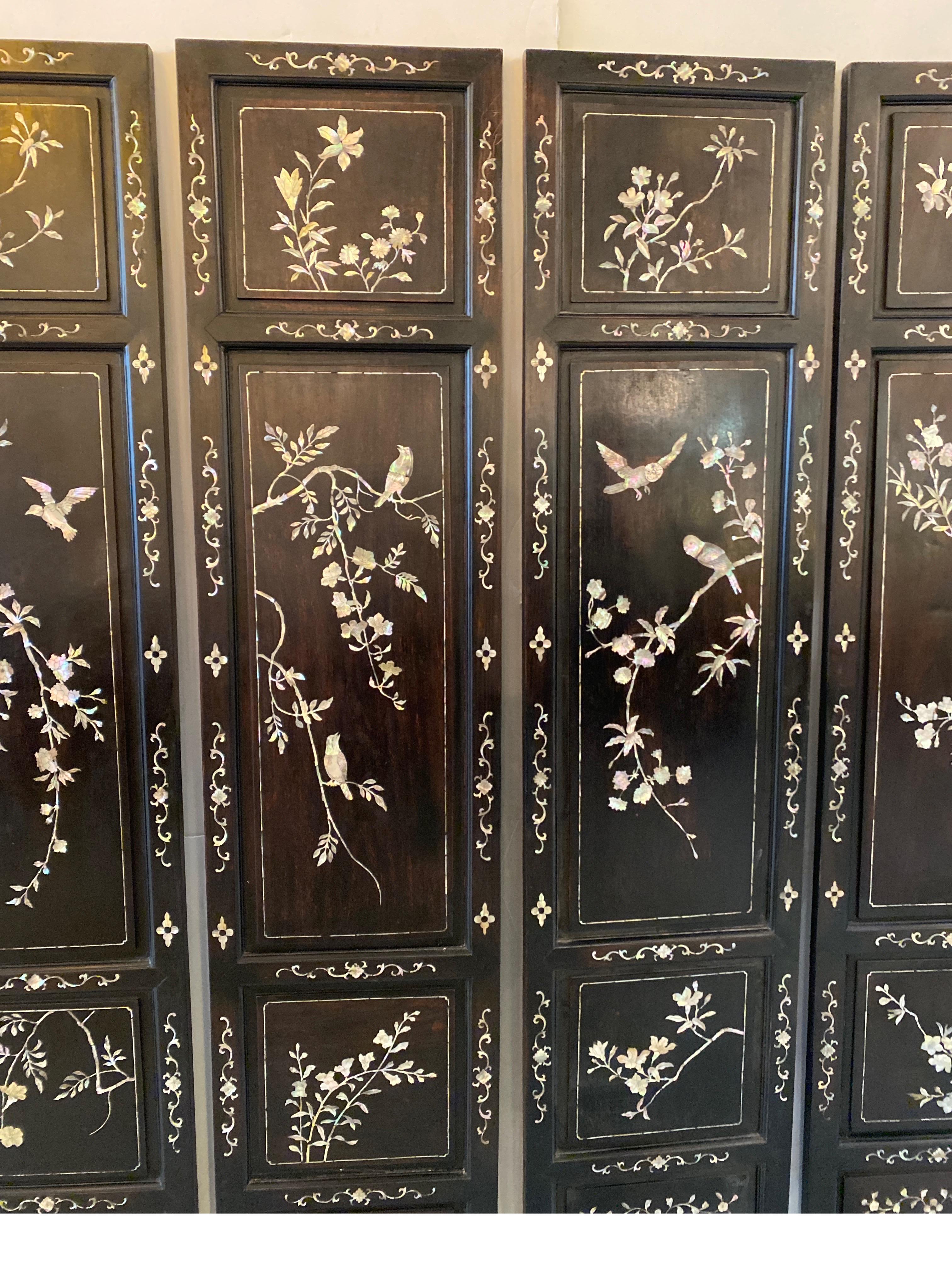 Early 20th Century Four Chinese Hardwood and Mother of Pearl Inlaid Panels For Sale