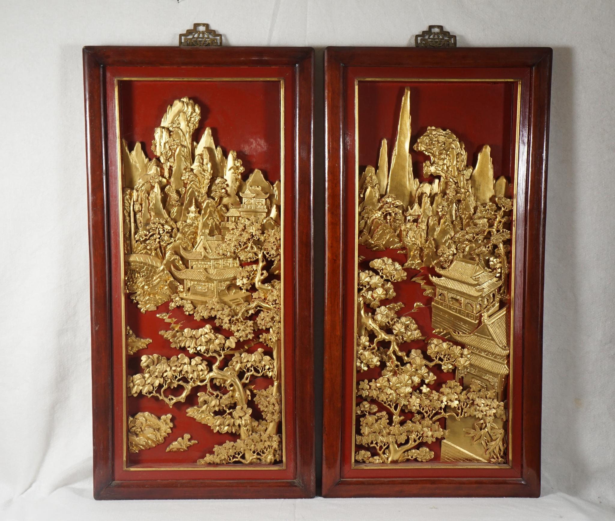 Four Chinese Carved, Lacquered and Gilded Panels For Sale 8