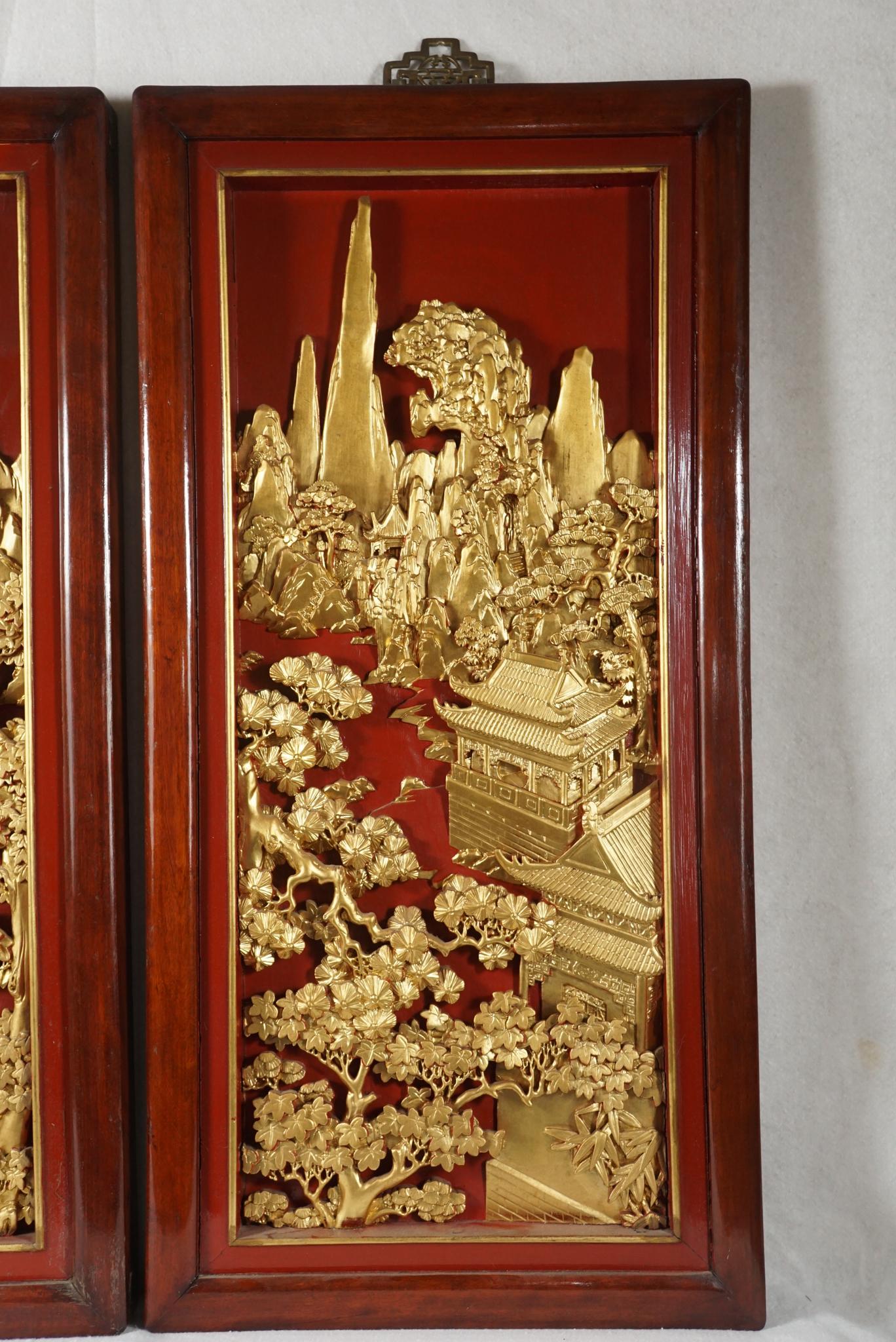 Four Chinese Carved, Lacquered and Gilded Panels For Sale 13
