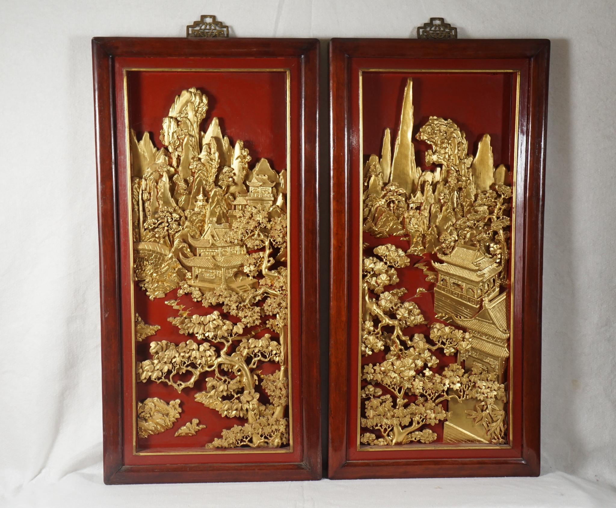 Four Chinese Carved, Lacquered and Gilded Panels In Good Condition For Sale In Hudson, NY