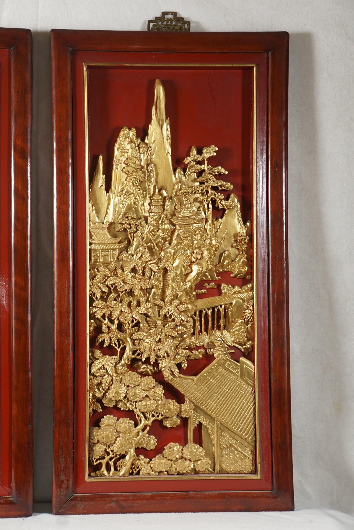Wood Four Chinese Carved, Lacquered and Gilded Panels For Sale