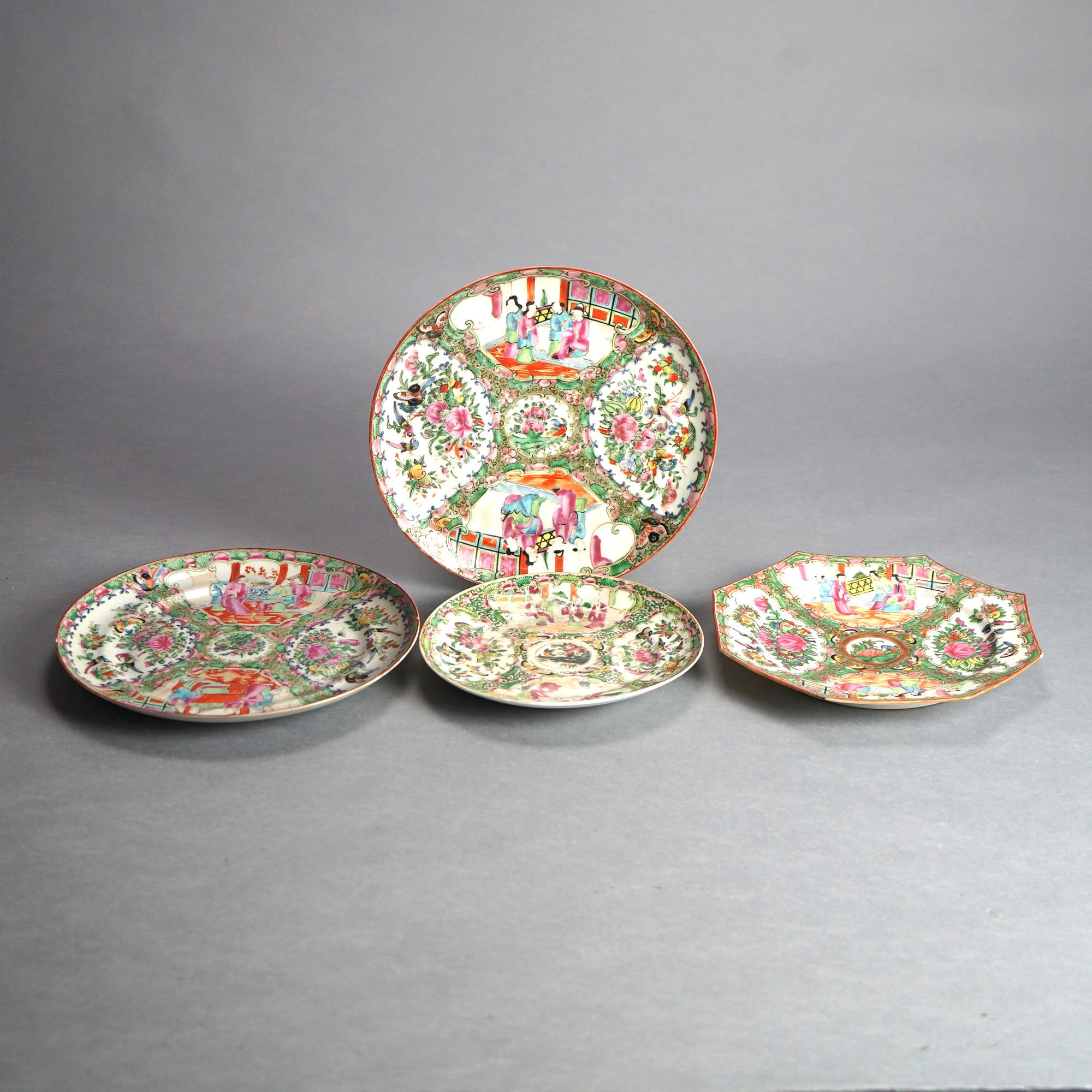 Four Chinese Rose Medallion Porcelain Plates with Garden & Genre Scenes C1920 In Good Condition For Sale In Big Flats, NY