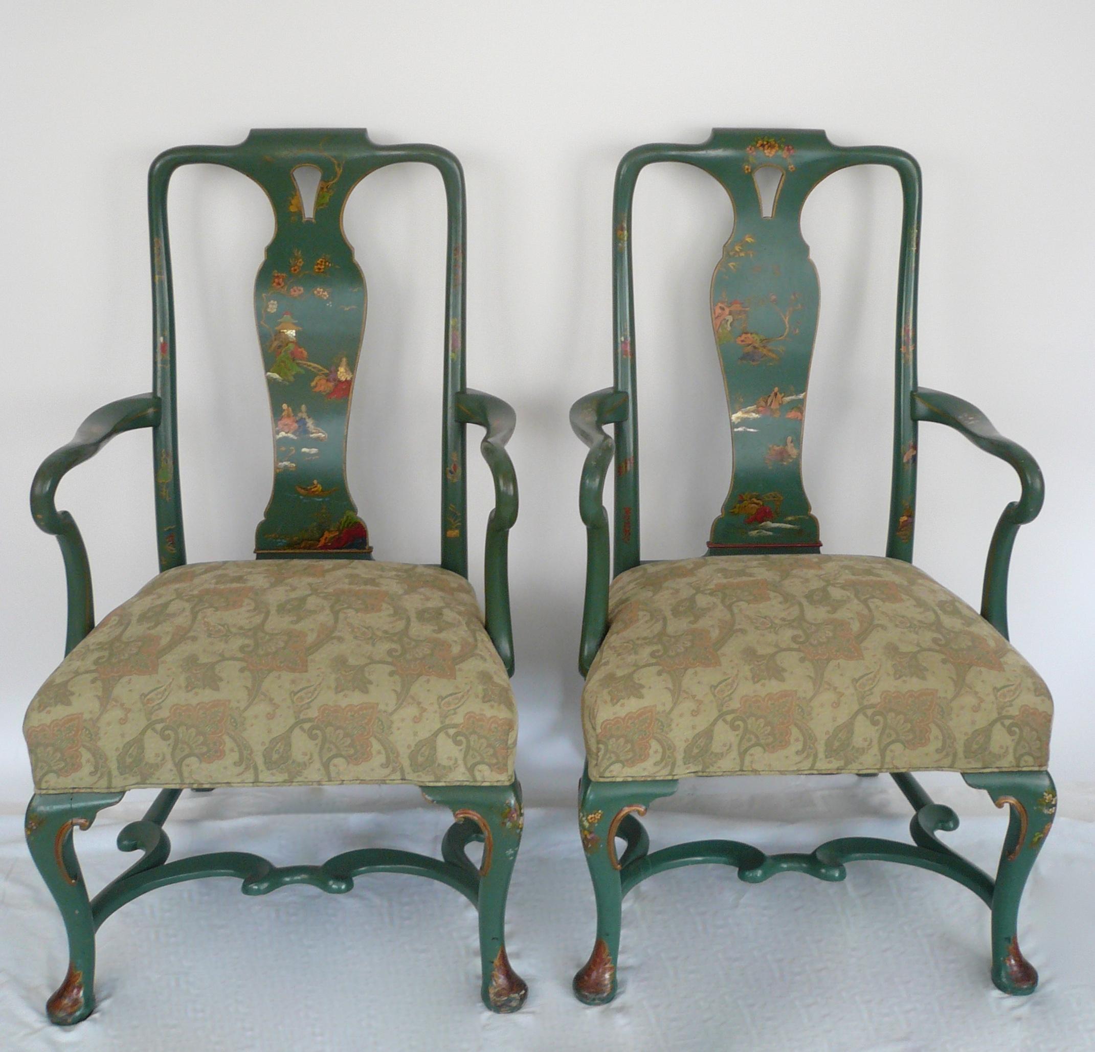 Pair Chinoiserie Painted Queen Anne Style Open Armchairs 3