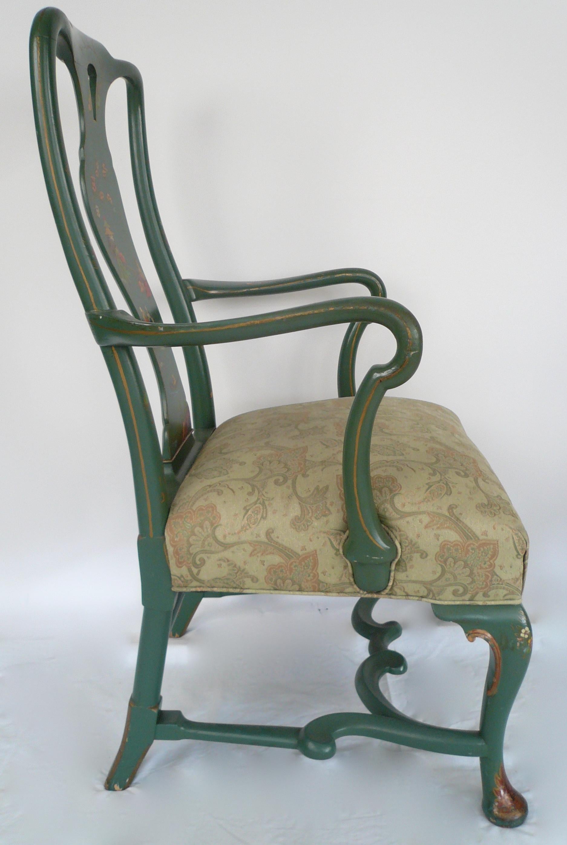 Pair Chinoiserie Painted Queen Anne Style Open Armchairs 5