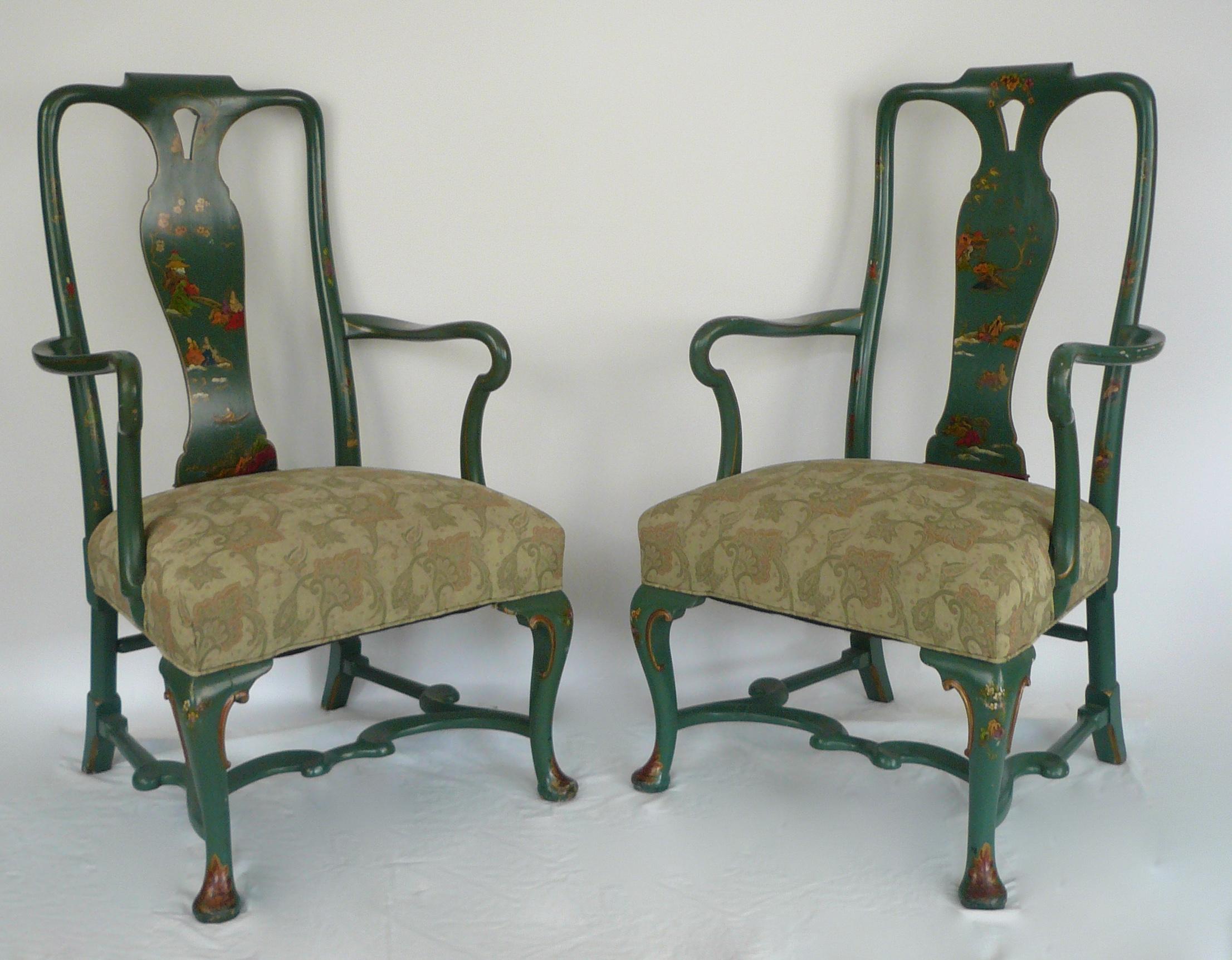American Pair Chinoiserie Painted Queen Anne Style Open Armchairs