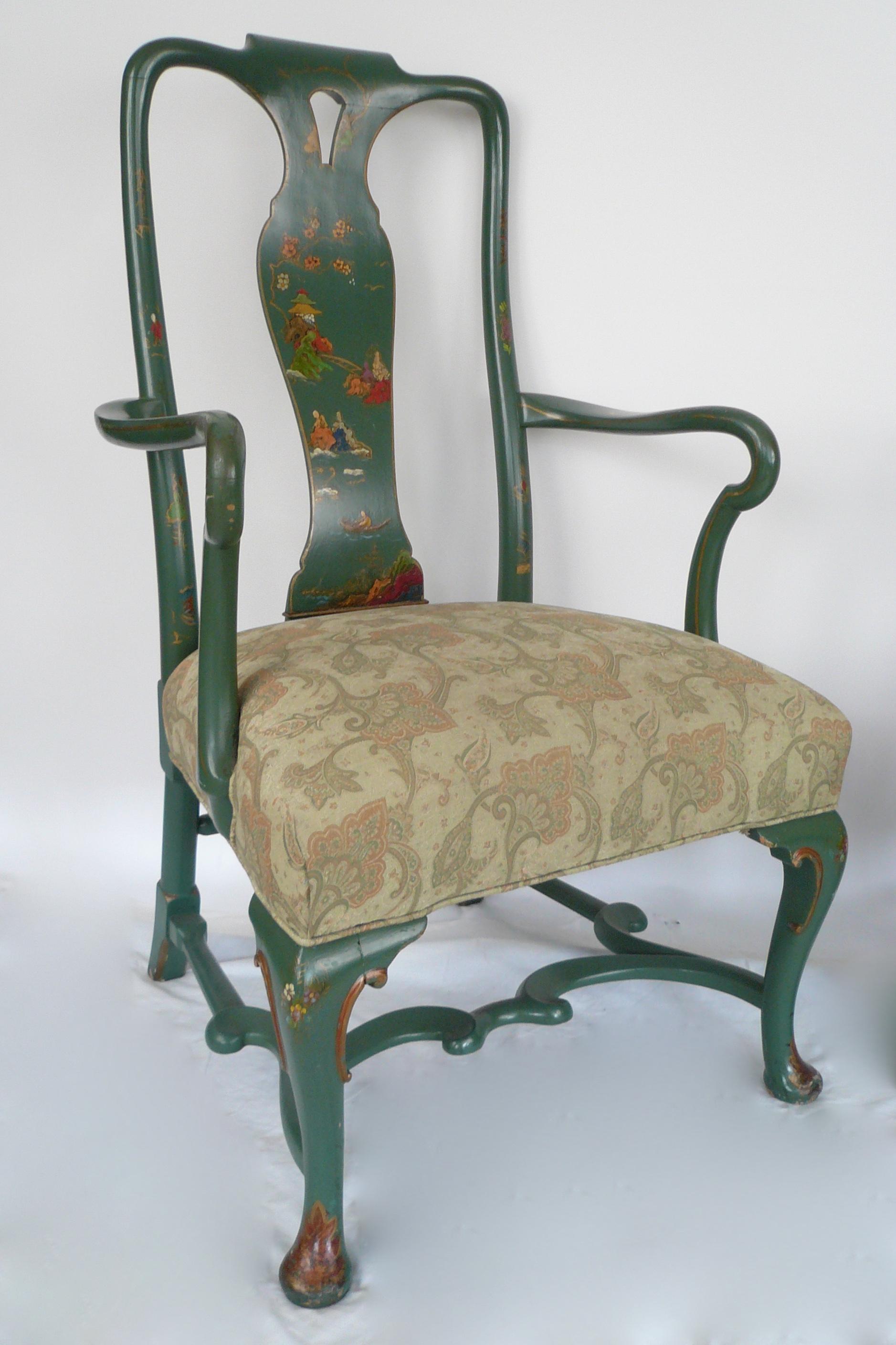 Polychromed Pair Chinoiserie Painted Queen Anne Style Open Armchairs